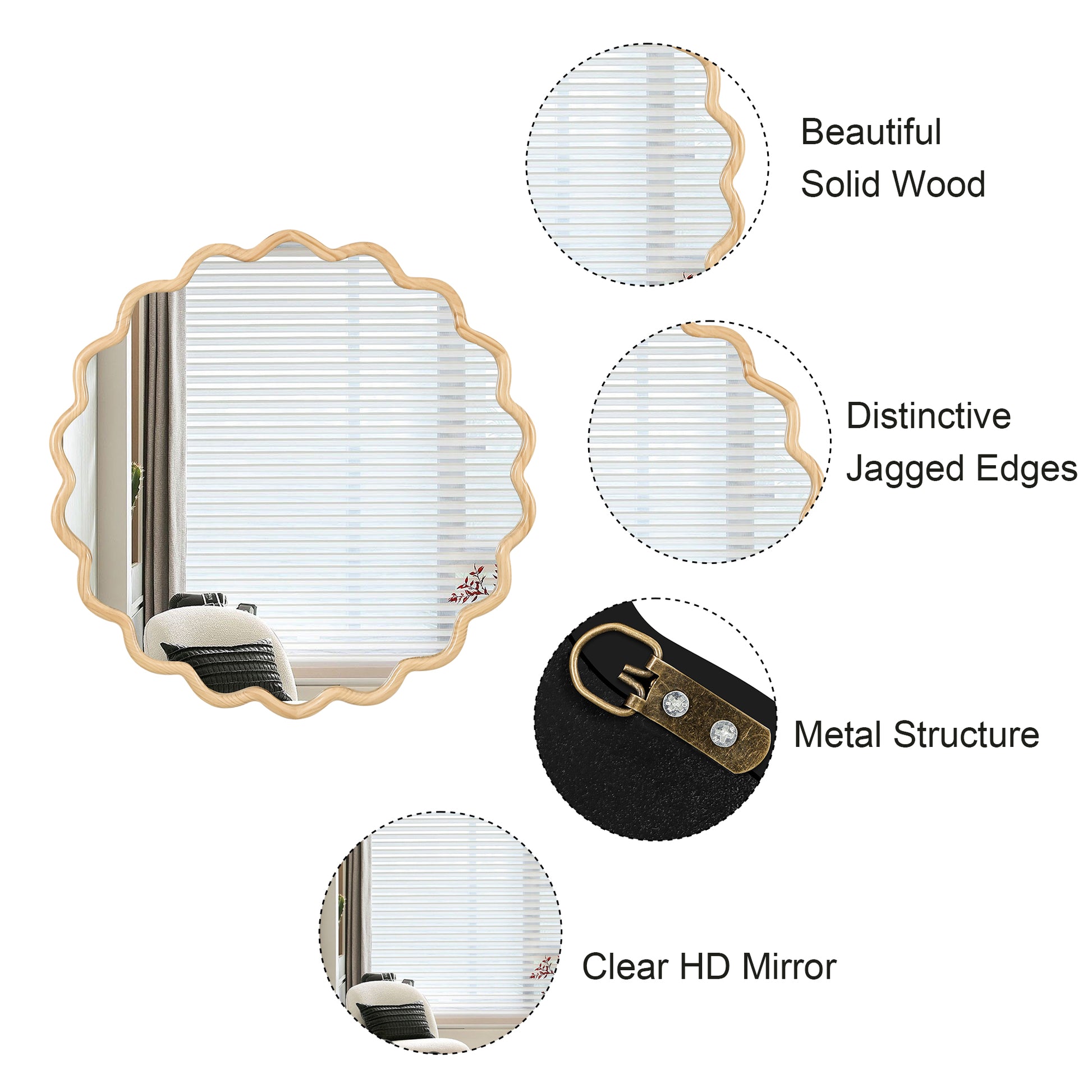 Scalloped edge decorative mirror with natural wood frame and clear HD reflection