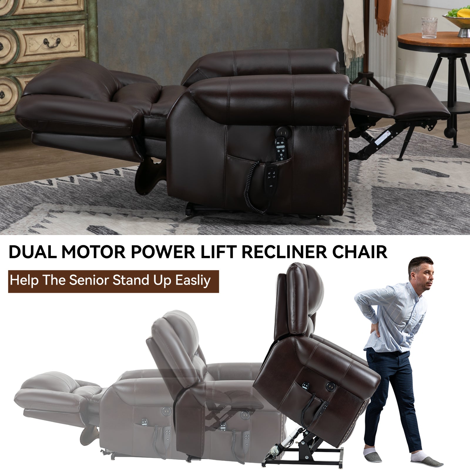 Dark brown dual motor power lift recliner chair with footrest extended