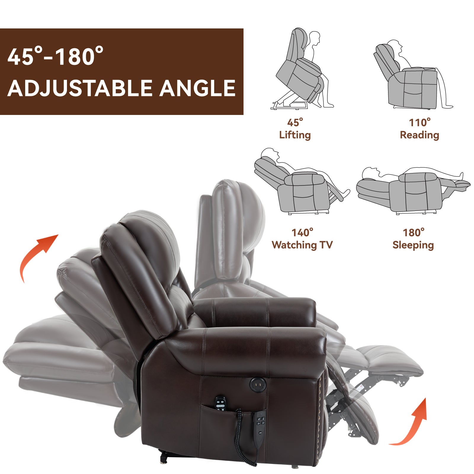 Brown leather recliner chair with  degree adjustable angle for lifting and sleeping positions