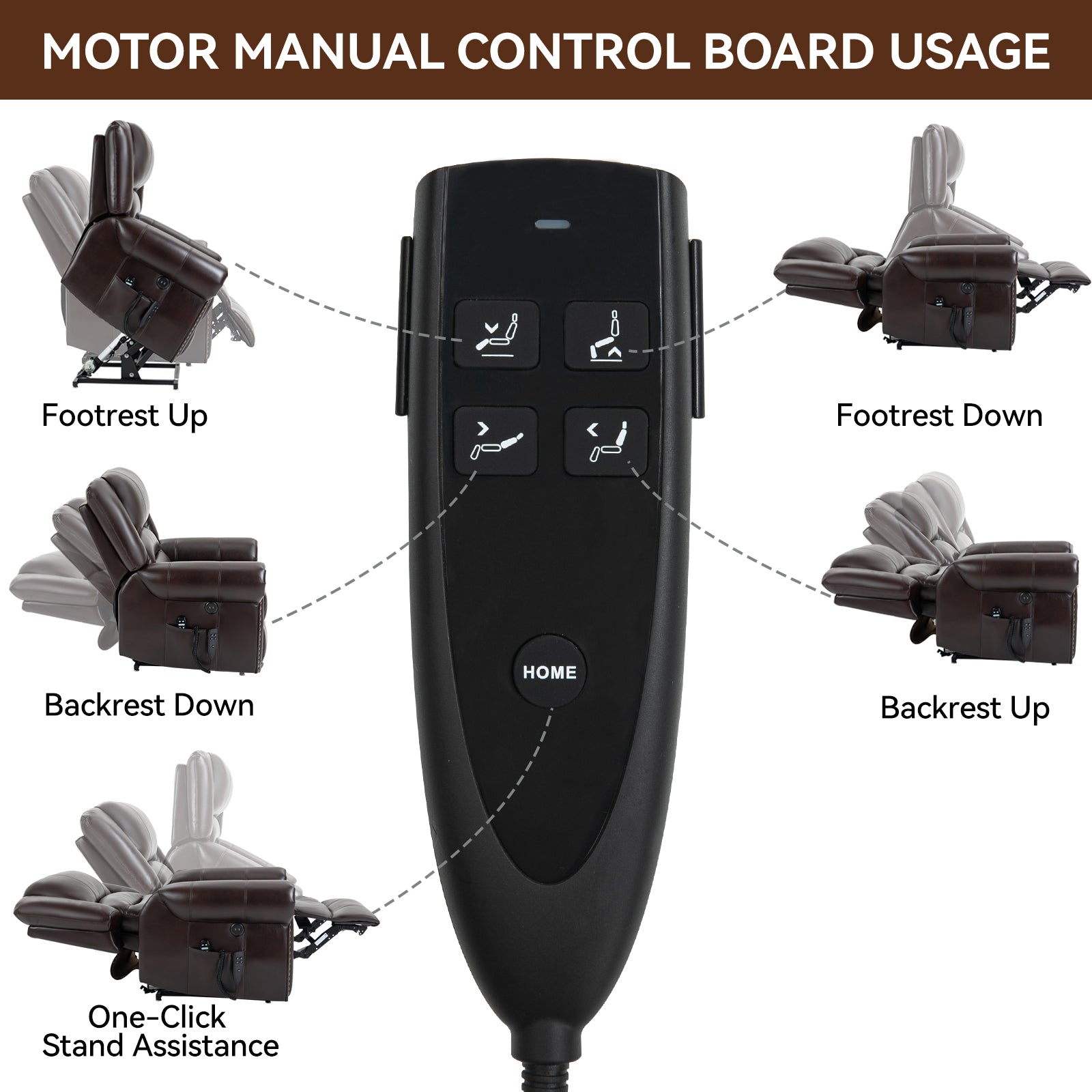 Brown leather recliner shown with footrest in the up position for stand assistance