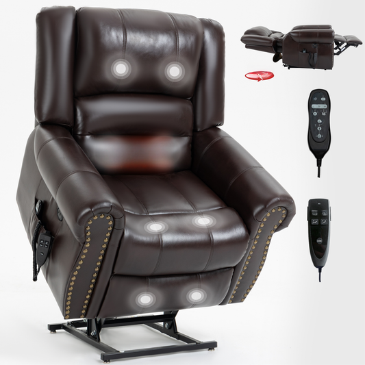 Brown leather lift recliner chair with massage features and remote controls