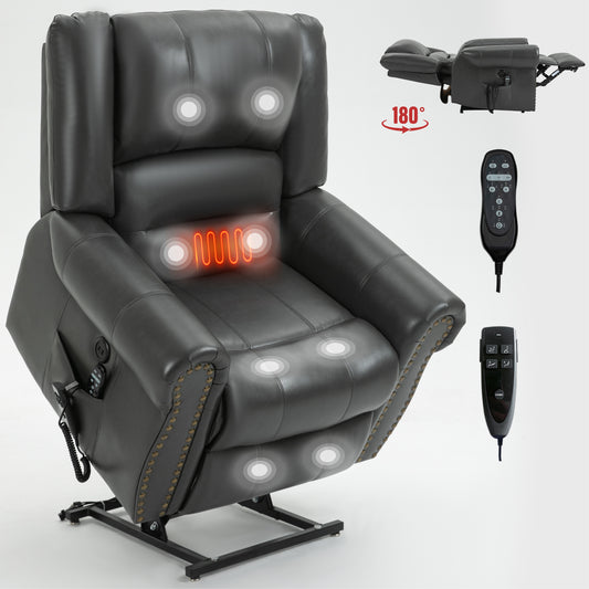 Black faux leather lift chair with heating elements and massage points for ultimate relaxation