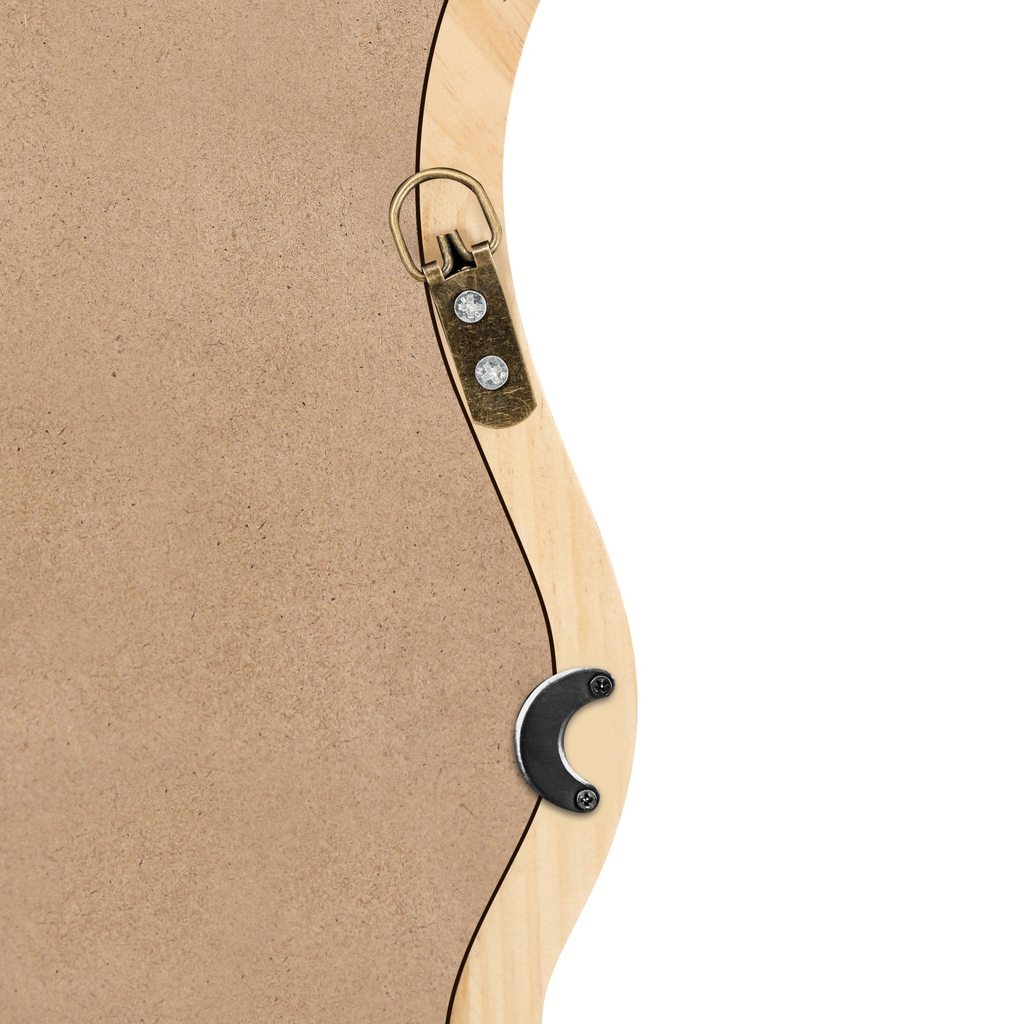 Closeup of a wooden picture frame backing with dring hardware for hanging