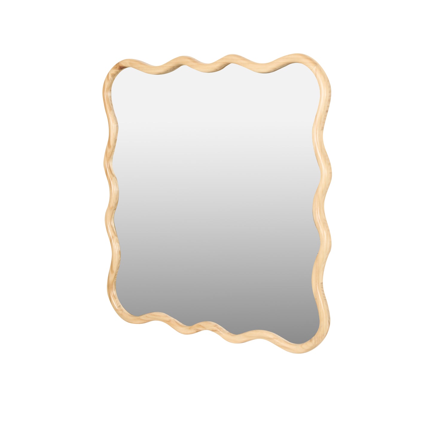 Asymmetrical wood framed vanity mirror with natural wavy design and clear reflective surface