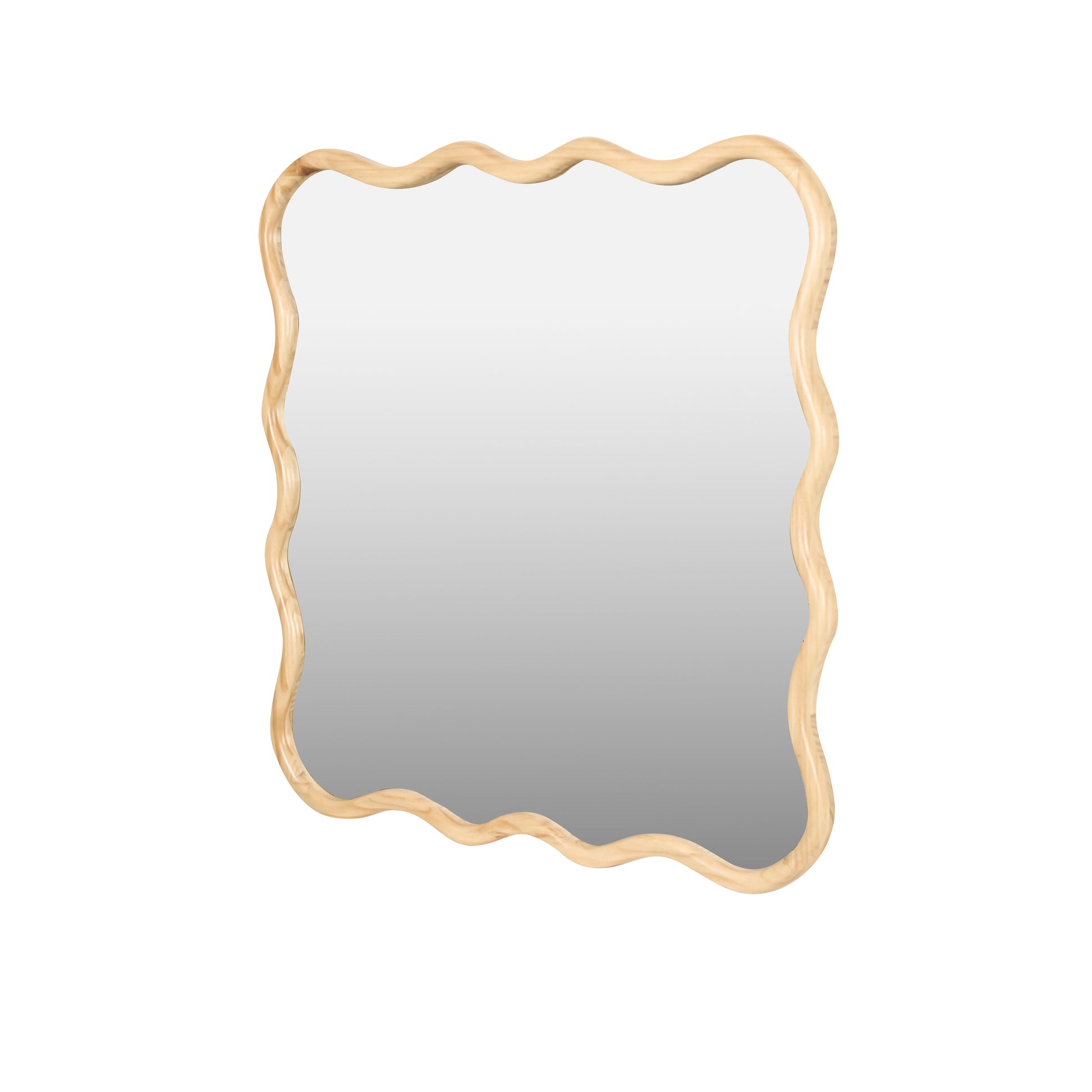 Asymmetrical wood framed vanity mirror with natural wavy design and clear reflective surface