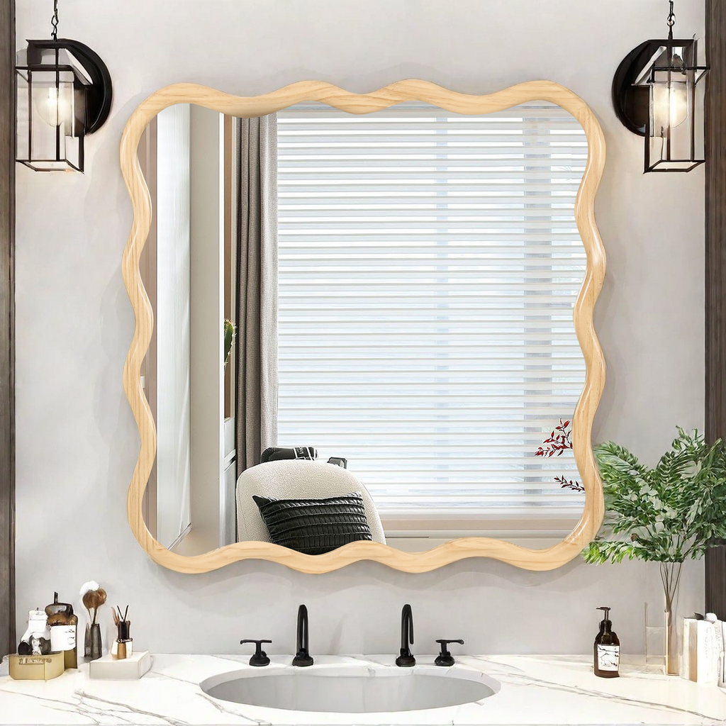 Wavy natural wood frame mirror for a modern bathroom vanity