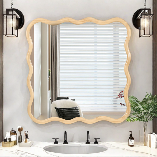 Wavy natural wood frame mirror for a modern bathroom vanity