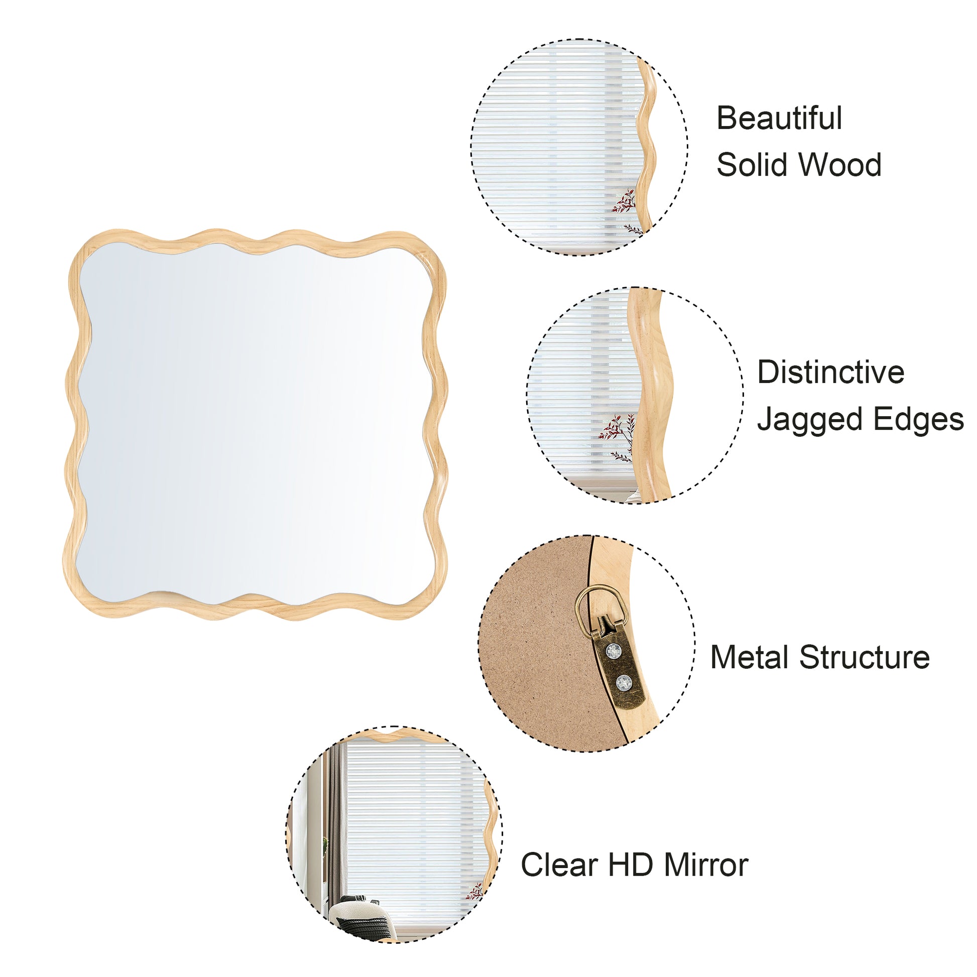 Wavyedged decorative mirror with natural solid wood frame and clear HD glass