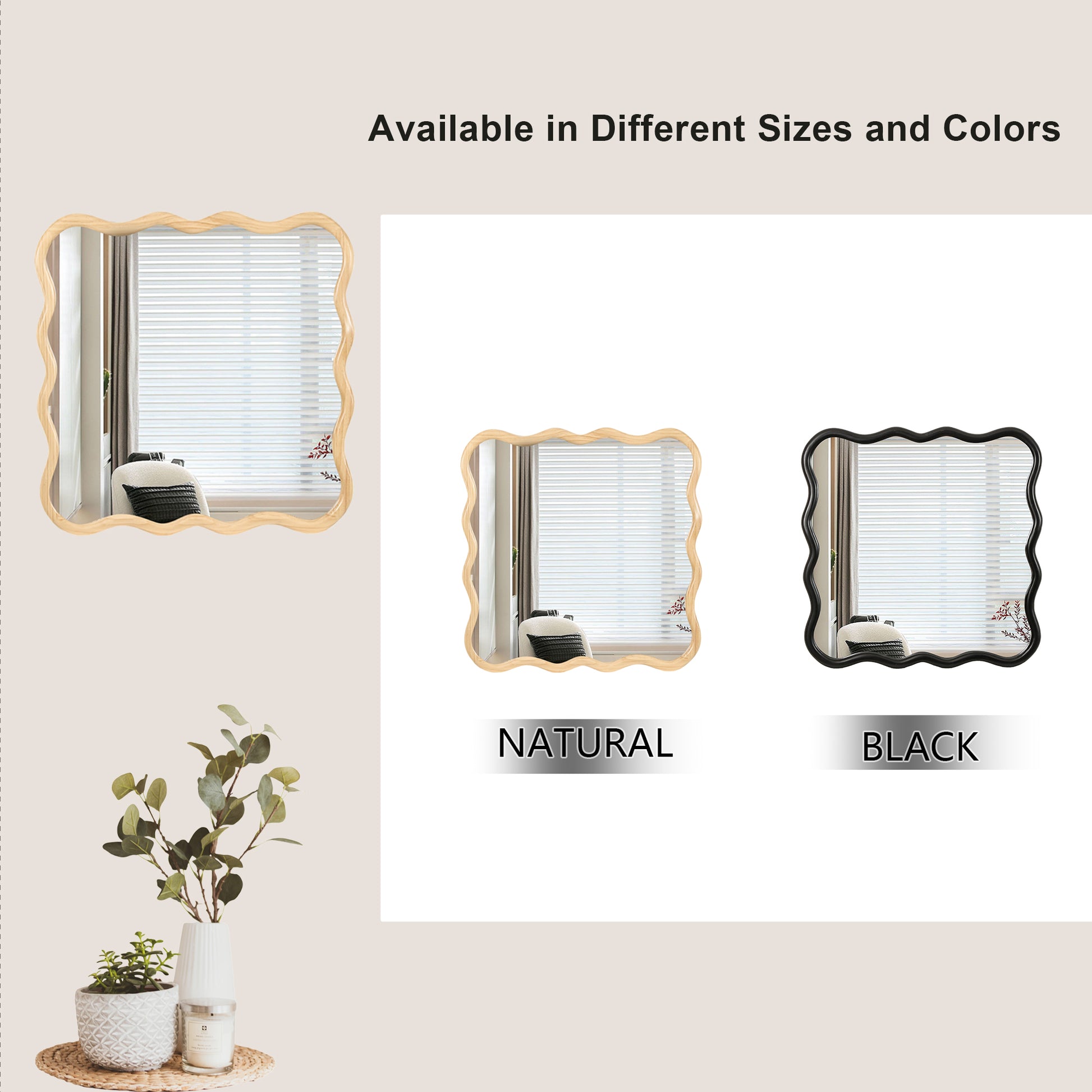 Wavyedged natural wood framed mirror reflecting a chair and blinds