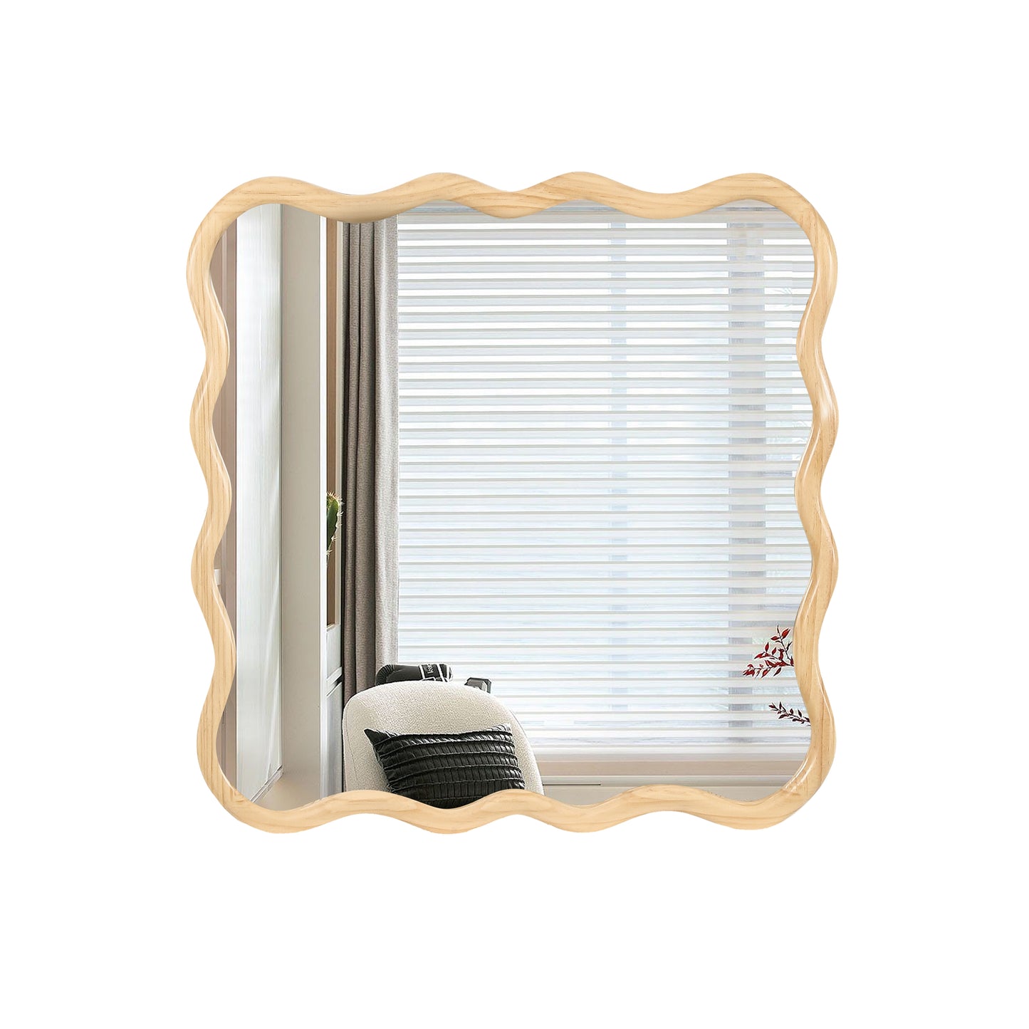 Wavy woodframed mirror reflecting a room with blinds and a chair perfect for adding artistic flair