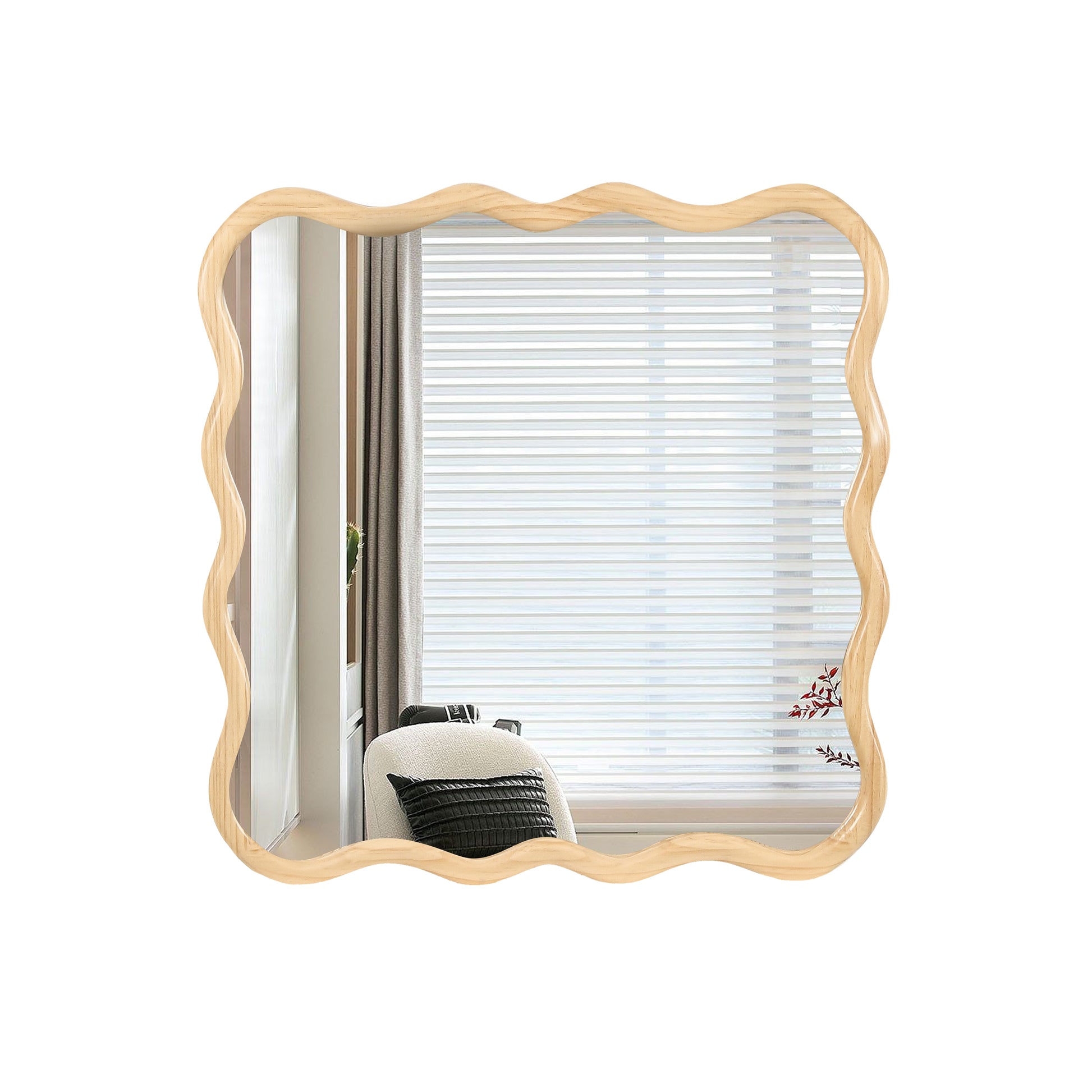 Wavy woodframed mirror reflecting a room with blinds and a chair perfect for adding artistic flair