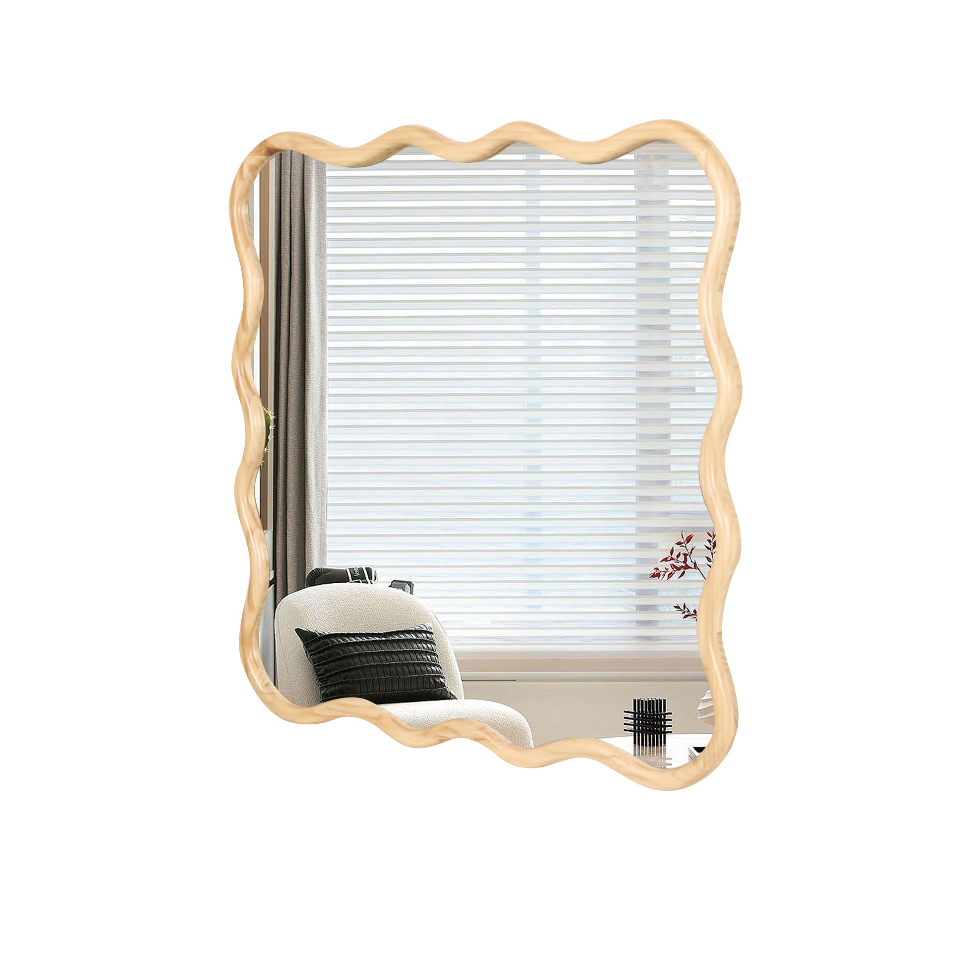 Irregular woodframed mirror with wavy edge perfect for modern decor