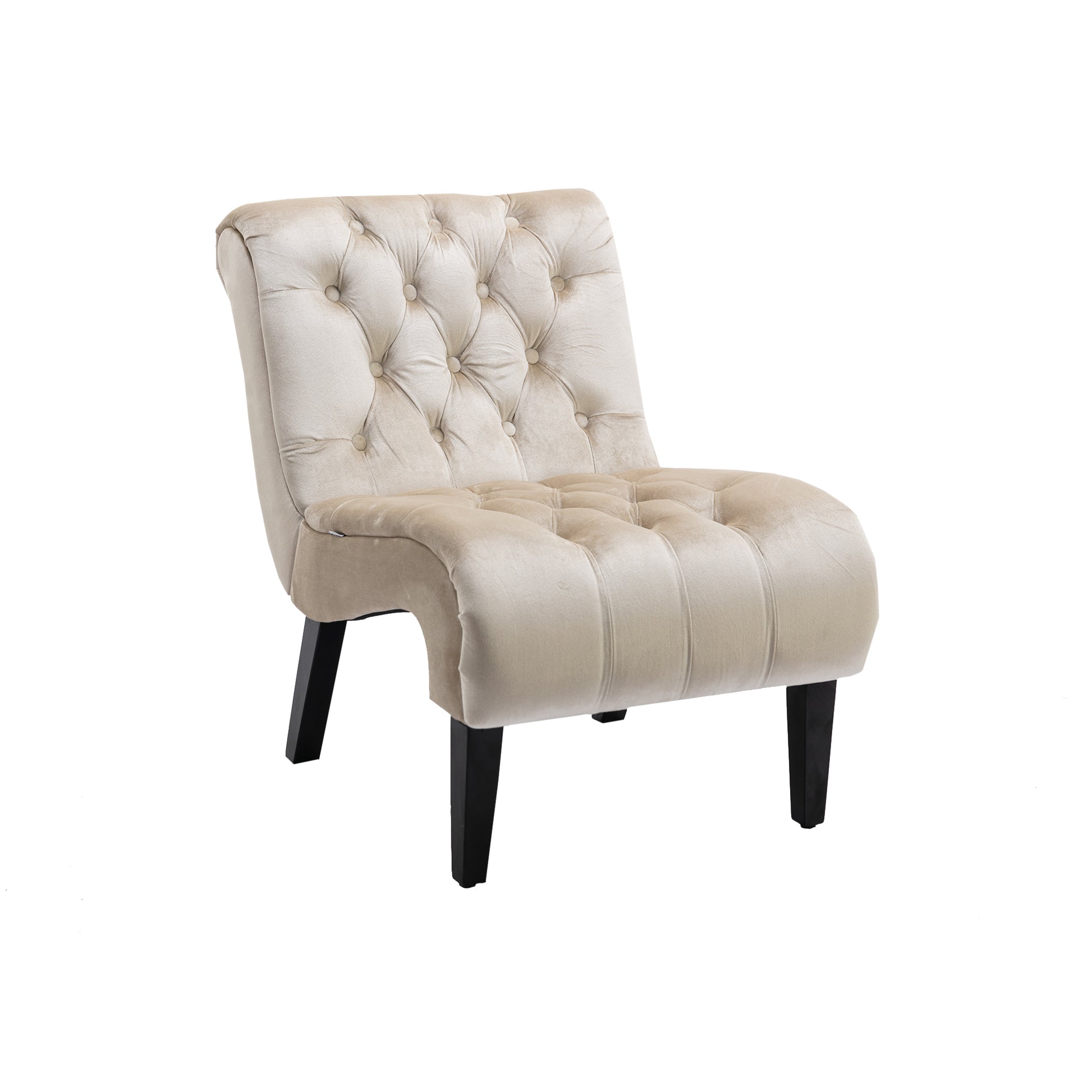 Cream velvet accent chair with tufted back and seat on dark wood legs