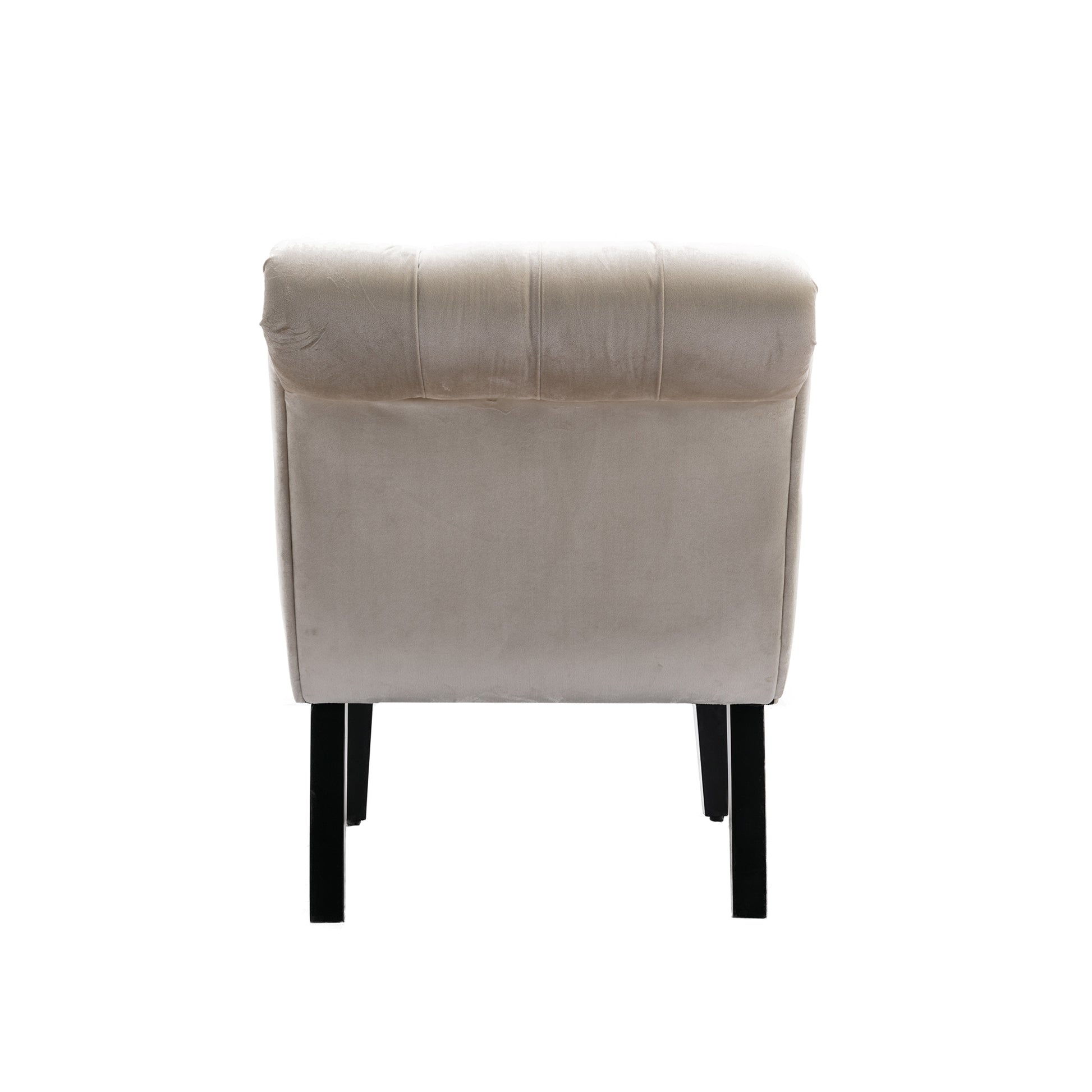 Tufted beige velvet armchair with black wooden legs for modern living room decor