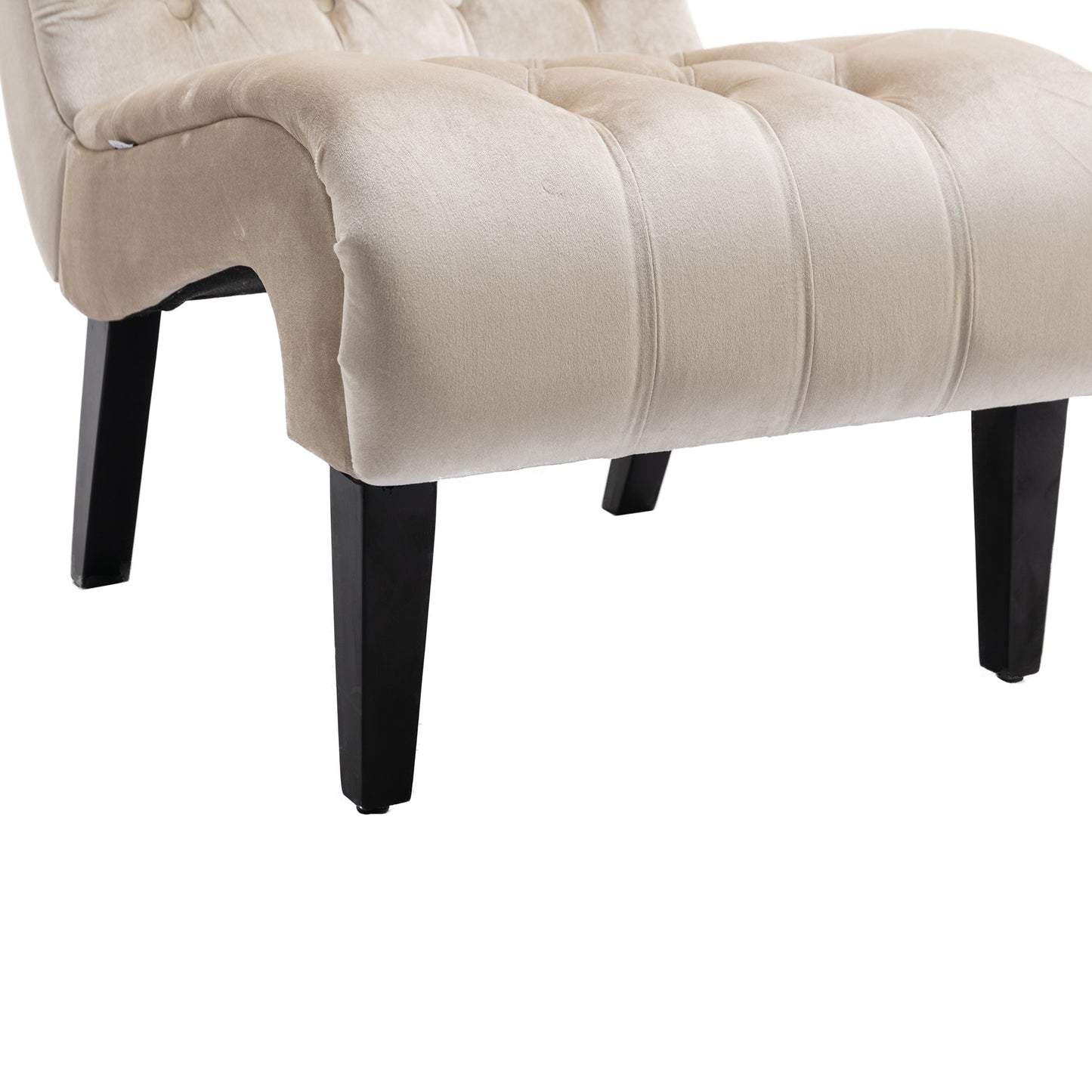 Champagne velvet accent chair with tufted back and dark tapered legs