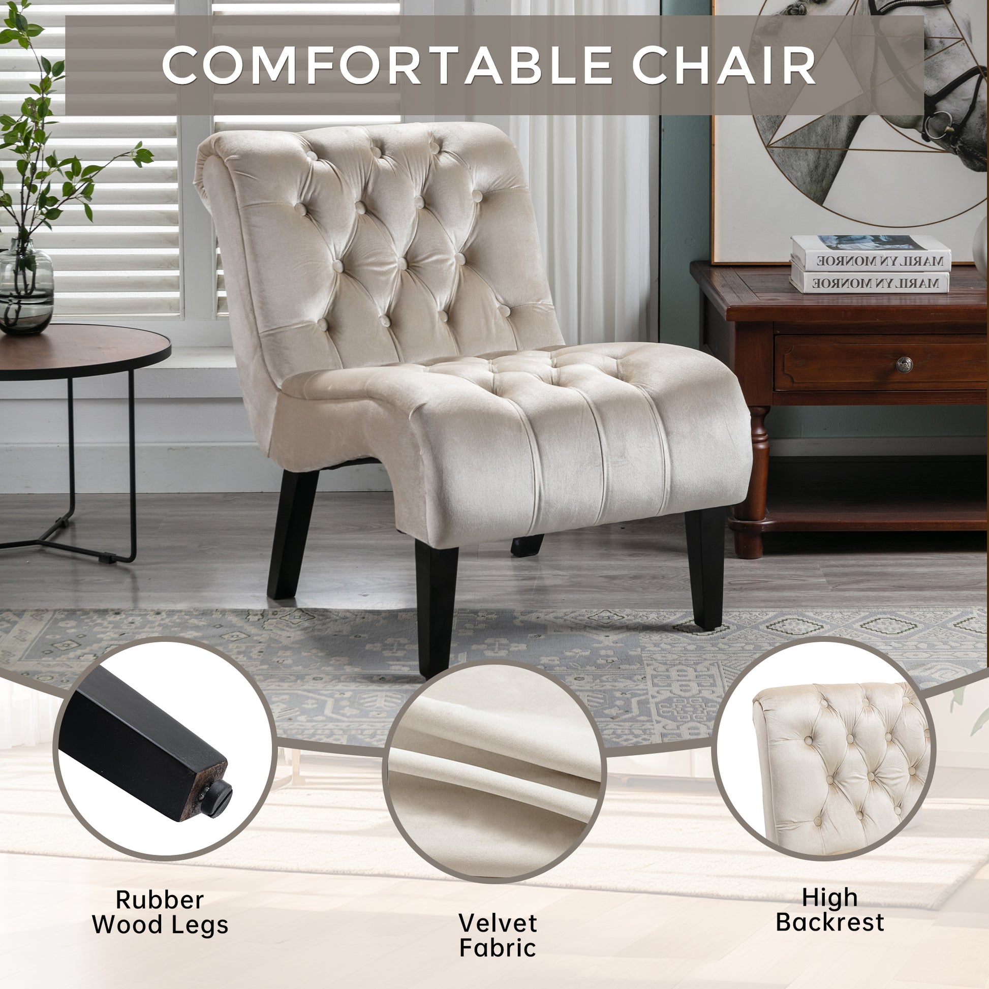 Tufted cream velvet accent chair with rubber wood legs and high backrest