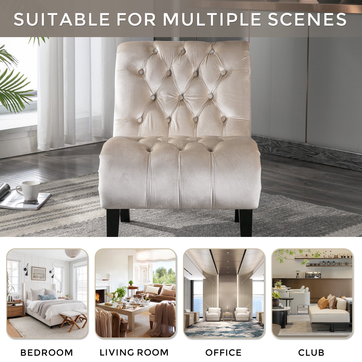 Tufted velvet accent chair in cream featuring diamond button tufting on the back and seat perfect for living spaces