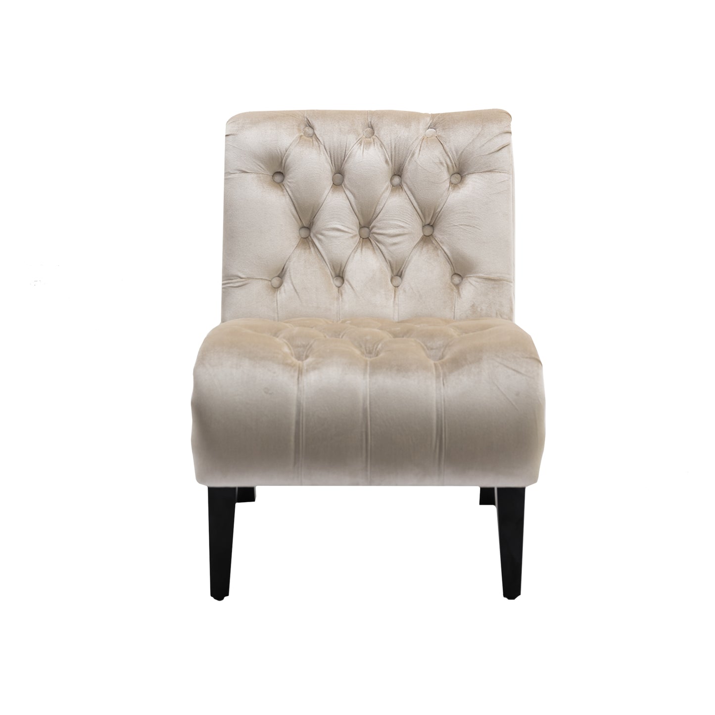 Champagne velvet accent chair with deep tufting and black tapered legs