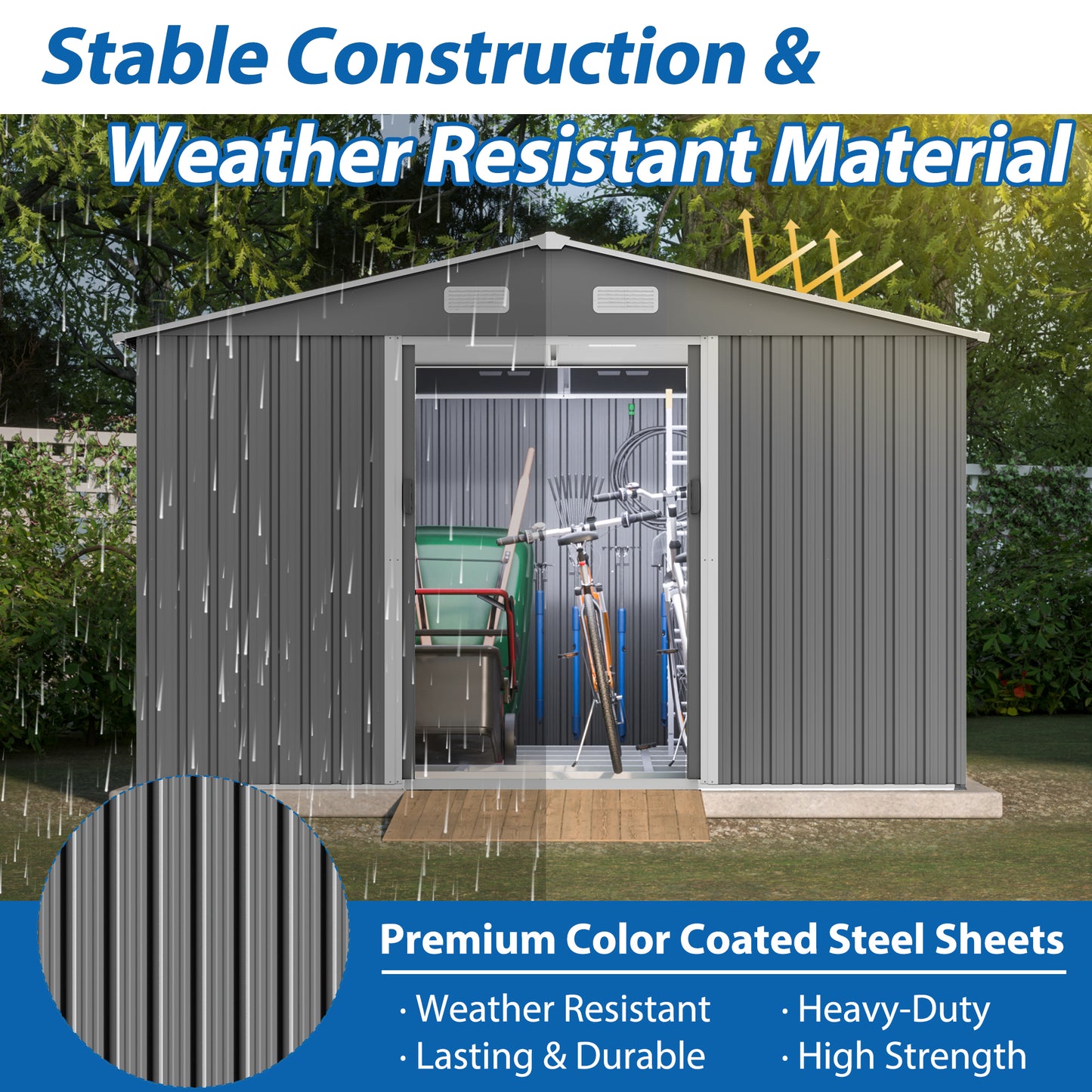 Gray metal storage shed with double doors open showing bikes and garden tools inside
