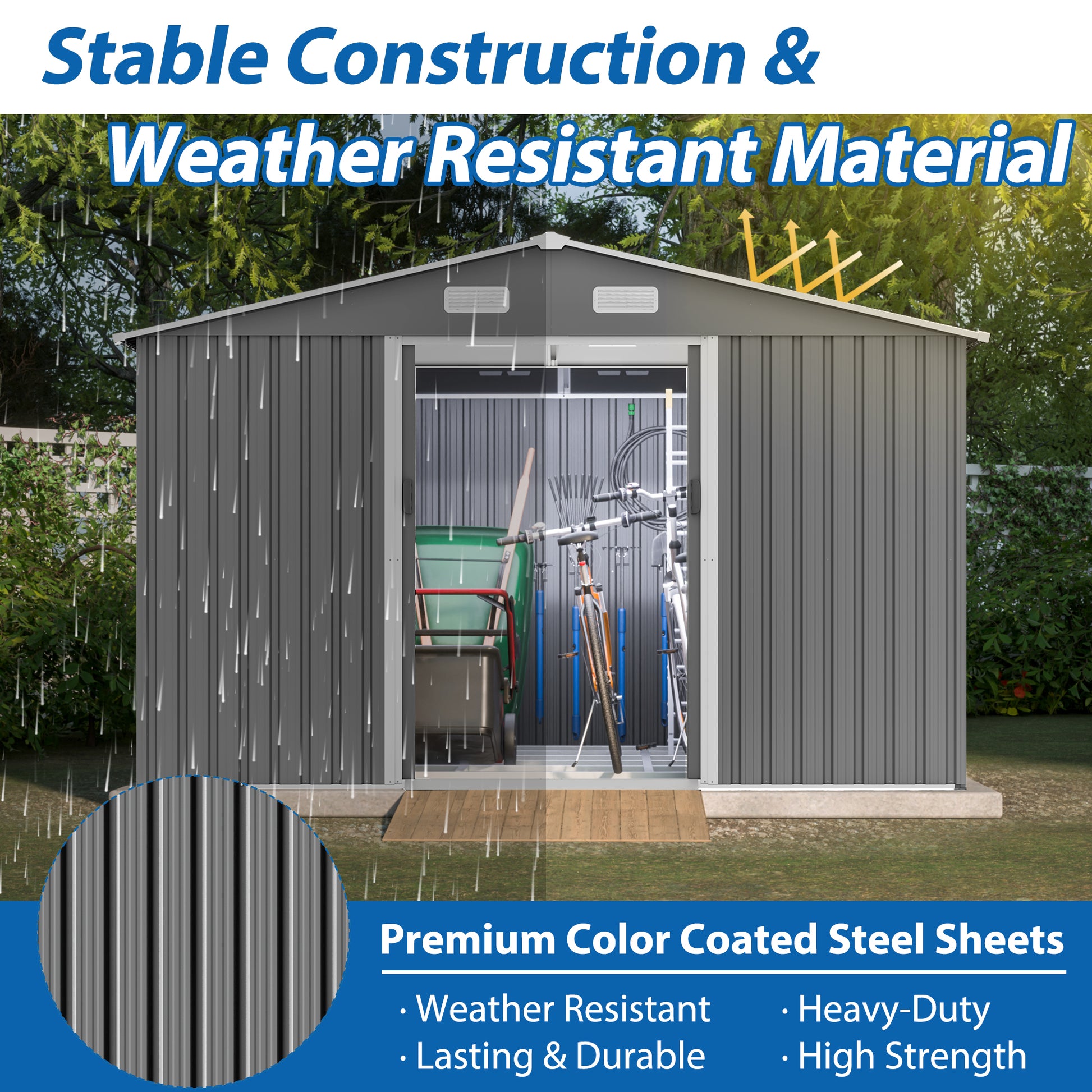 Gray metal storage shed with double doors open showing bikes and garden tools inside