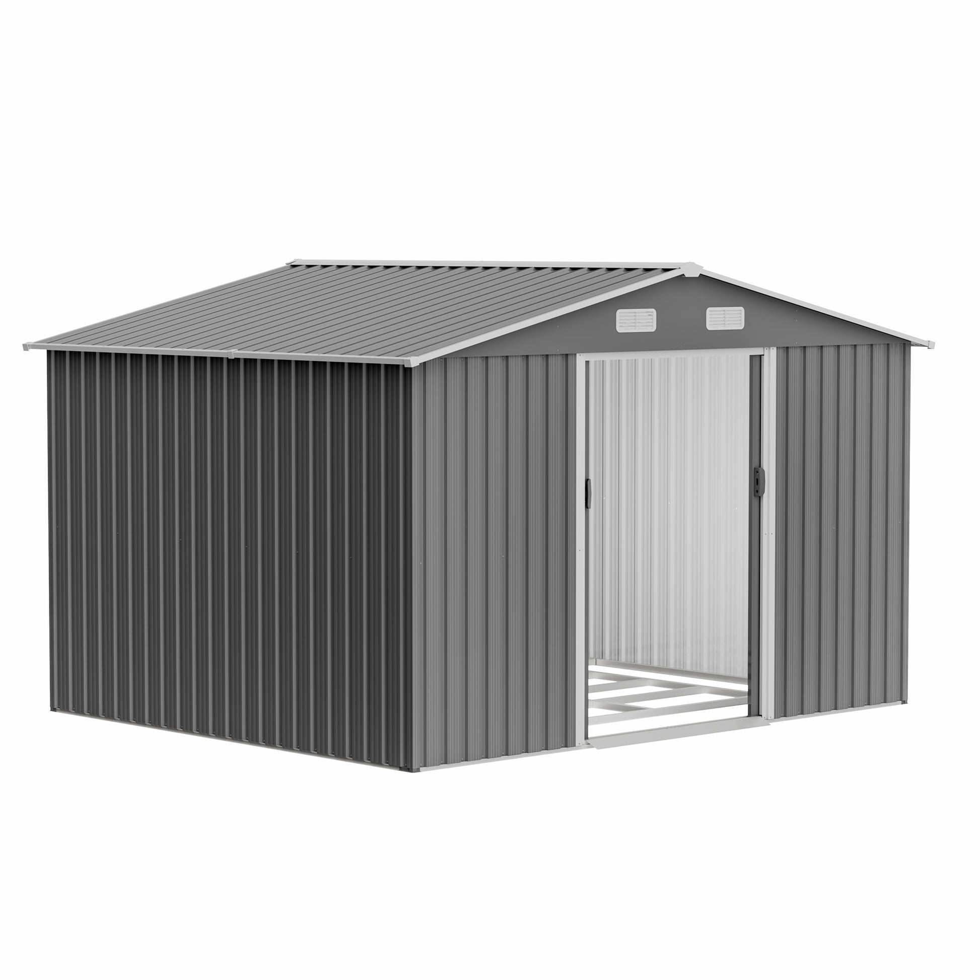 Gray metal garden shed with sliding door and ventilation