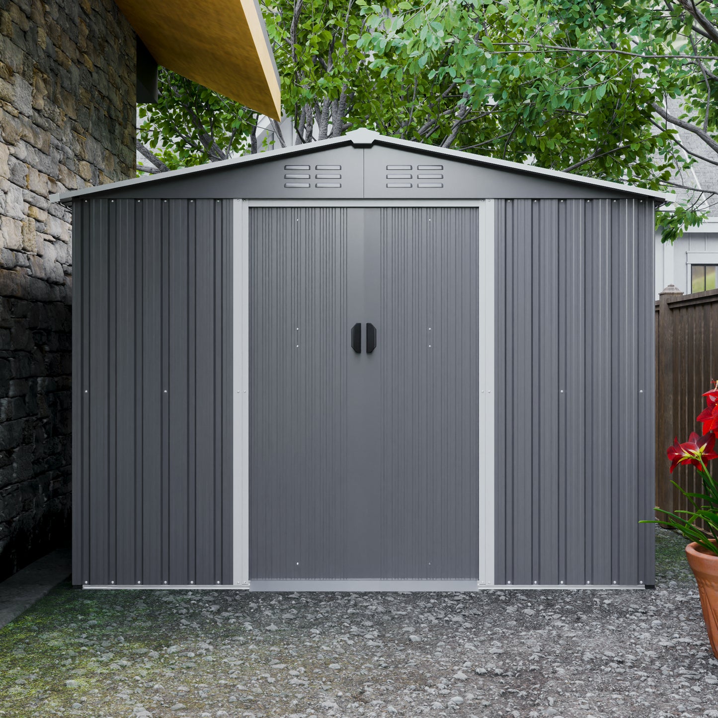 Dark gray metal garden shed with double doors and peaked roof for outdoor storage