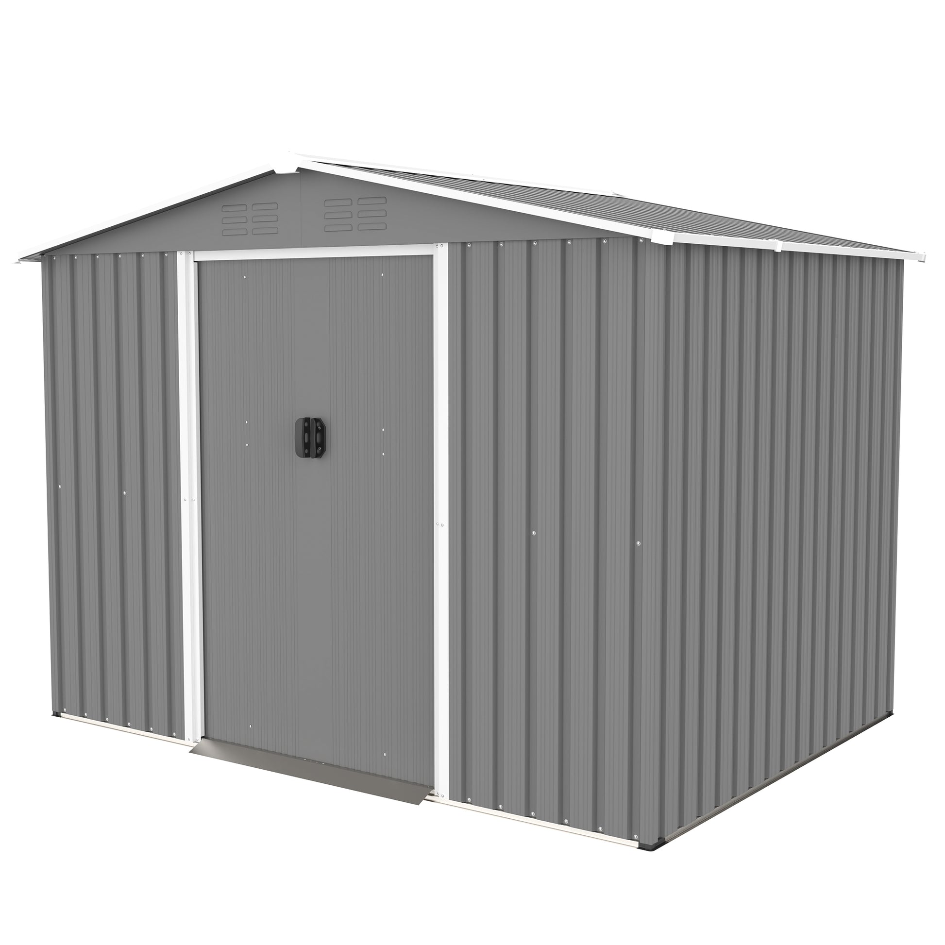Gray metal garden shed with double doors and gable roof ideal for outdoor storage