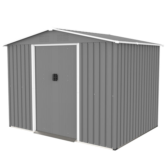 Gray metal garden shed with double doors and gable roof ideal for outdoor storage