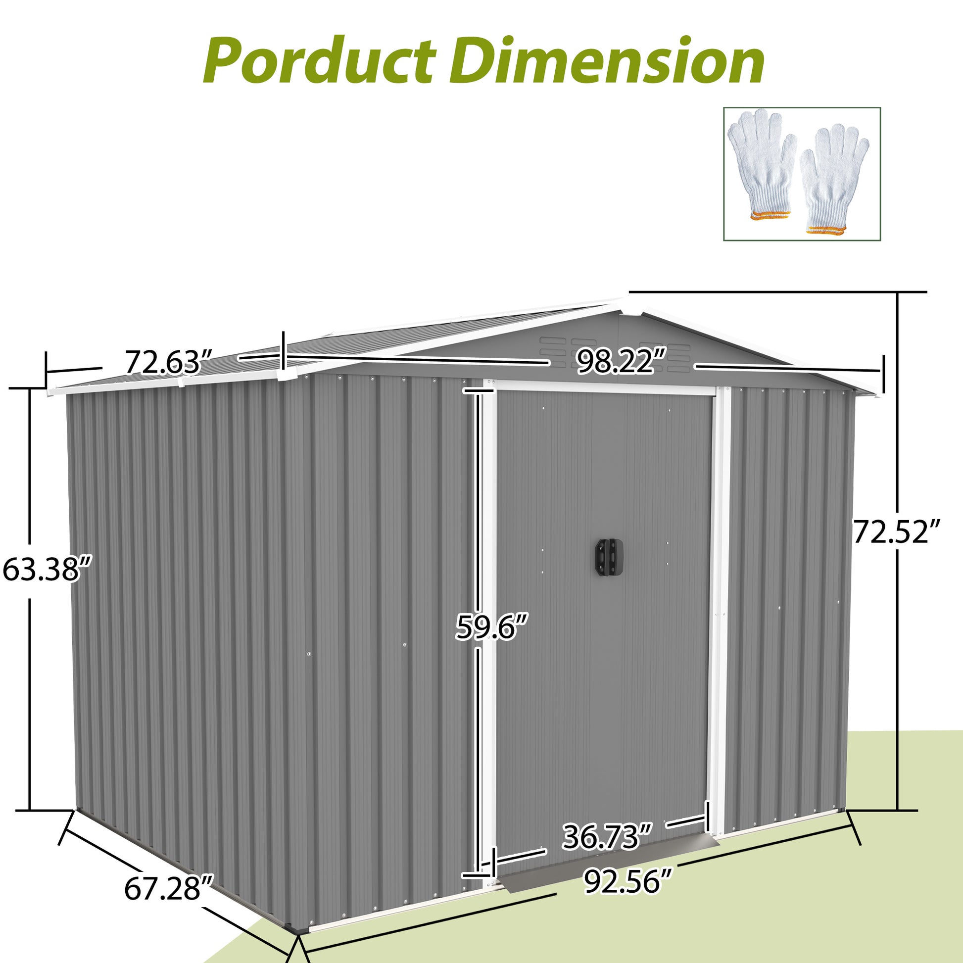 Grey metal garden shed with double doors and clear dimensions labeled