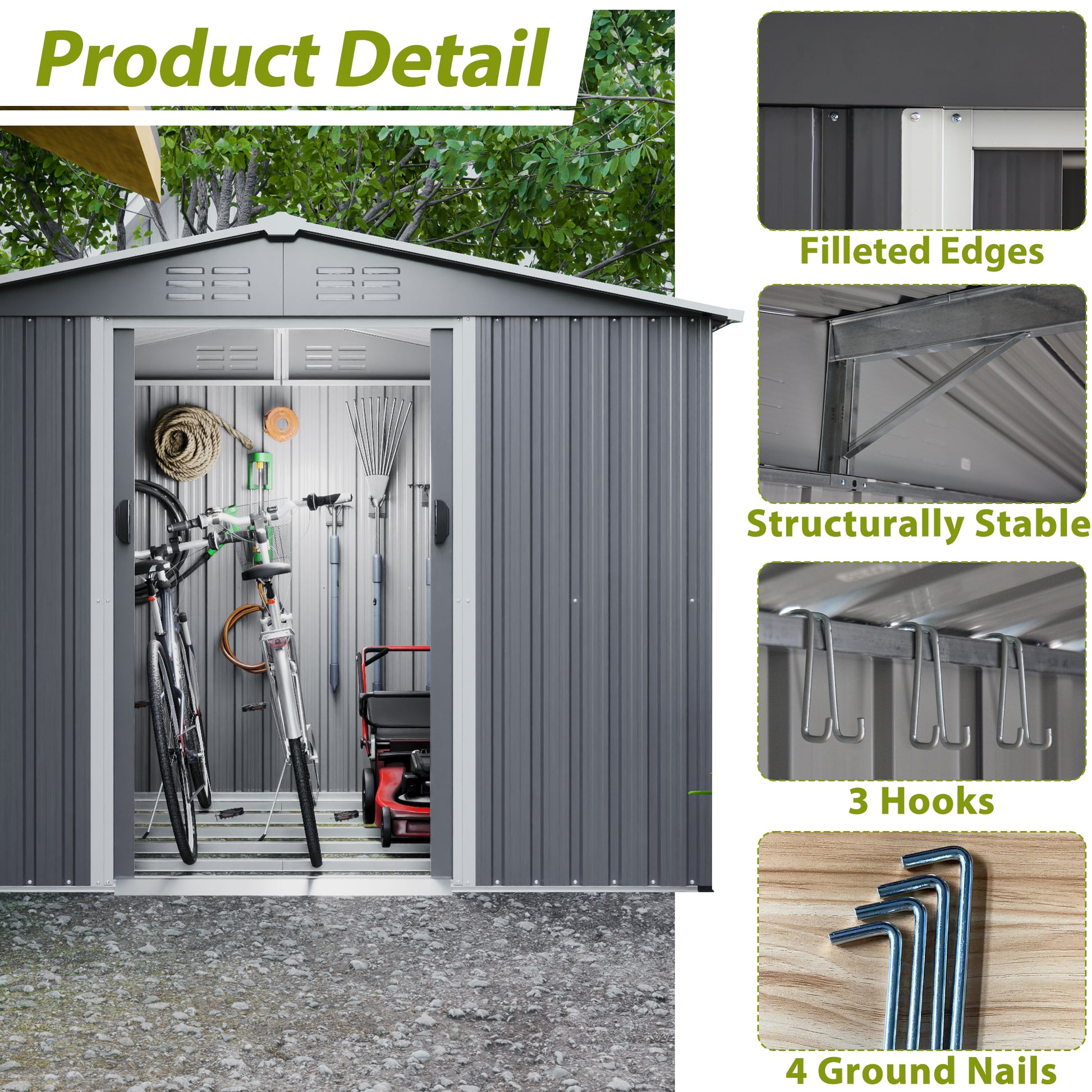 Gray metal garden shed with bicycles and lawnmower stored inside