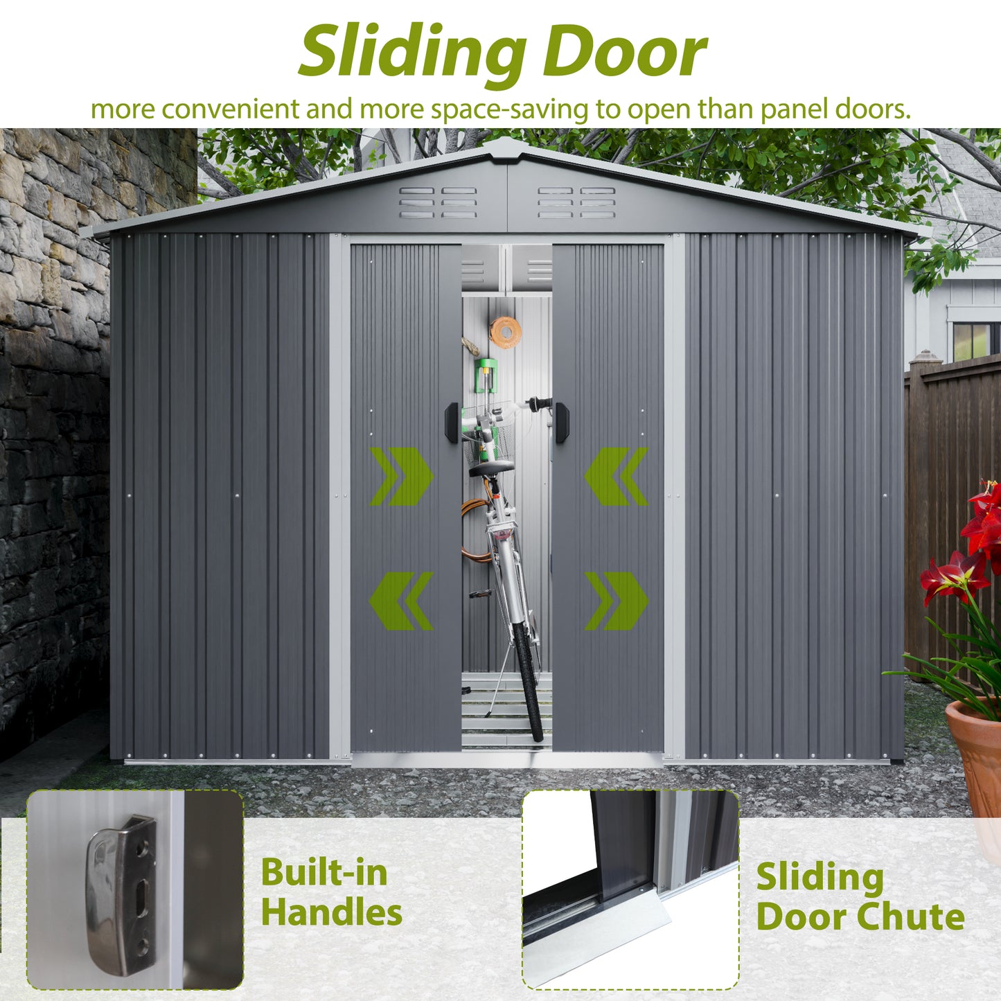 Gray metal shed with open sliding doors revealing a bicycle and garden tools inside