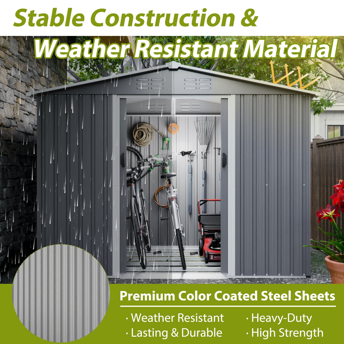 Grey metal shed with open doors showcasing bicycles lawnmower and garden tools inside