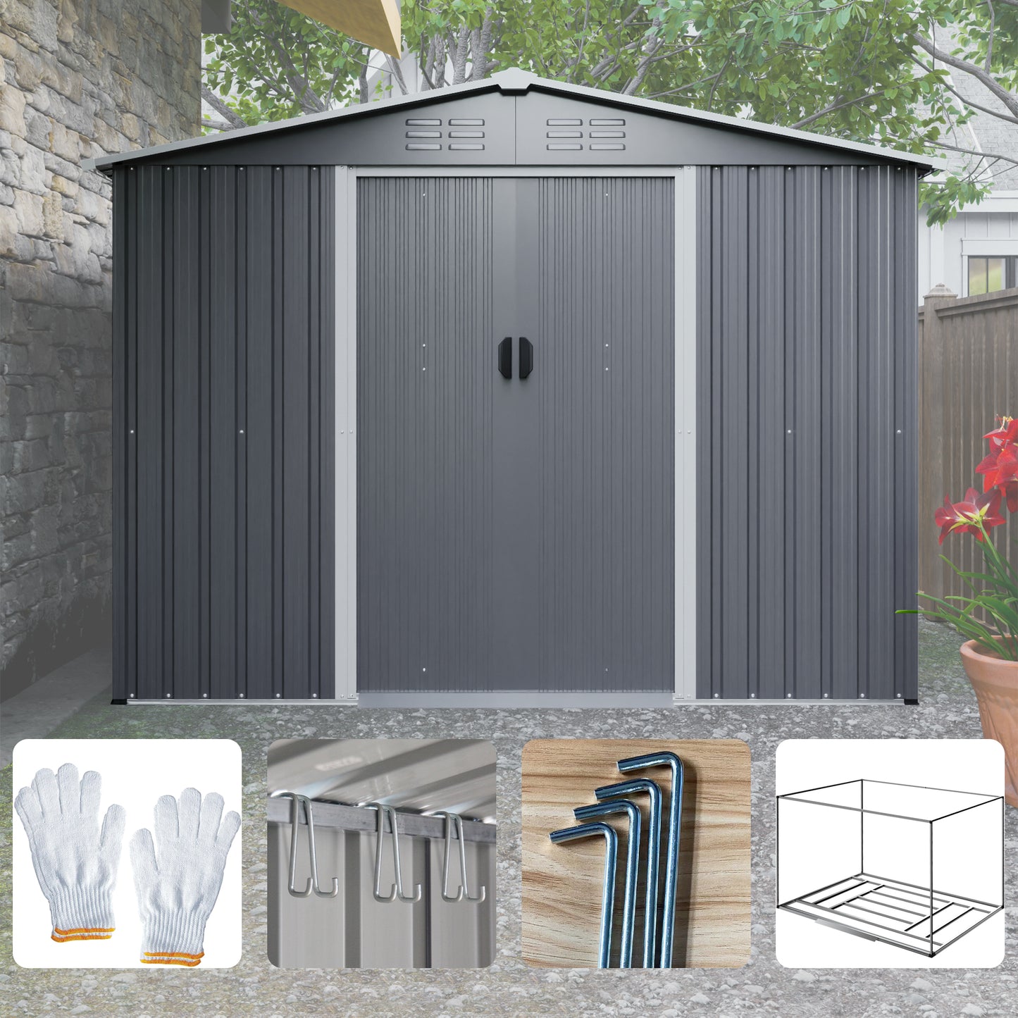 Modern grey metal garden shed with double doors for outdoor storage