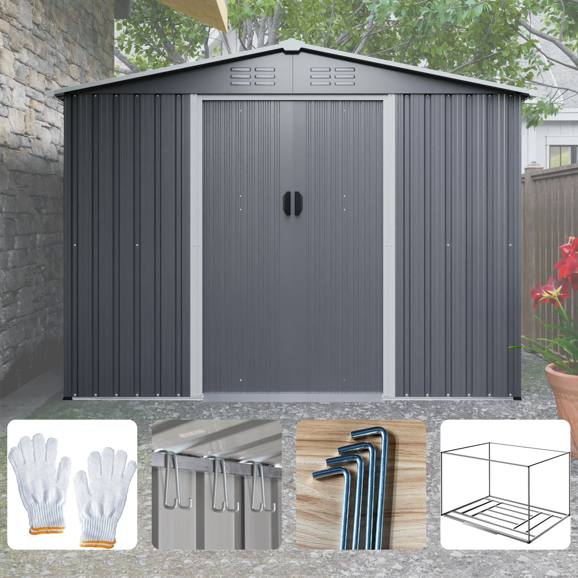 Modern grey metal garden shed with double doors for outdoor storage