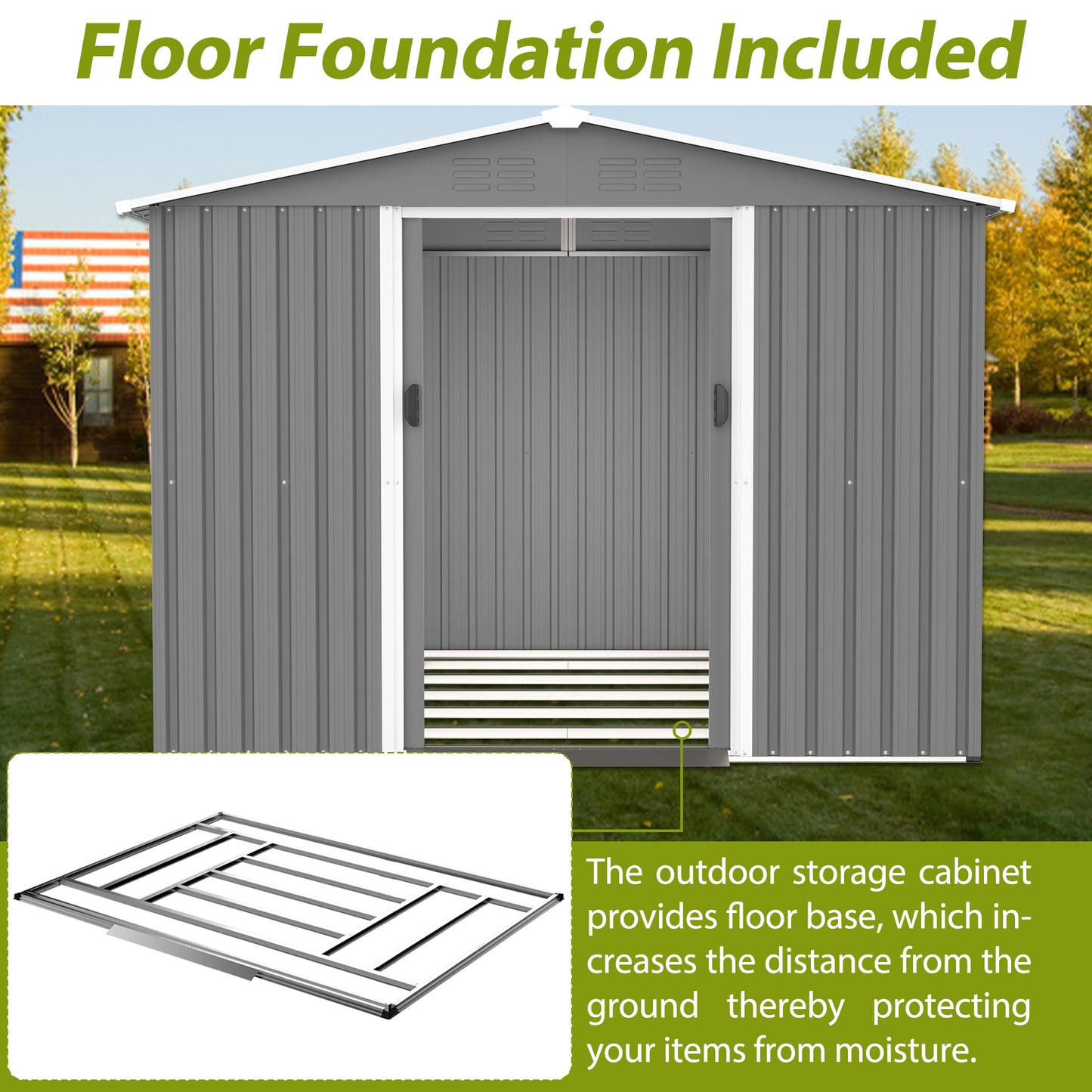 Gray metal storage shed with a double door and included floor foundation frame