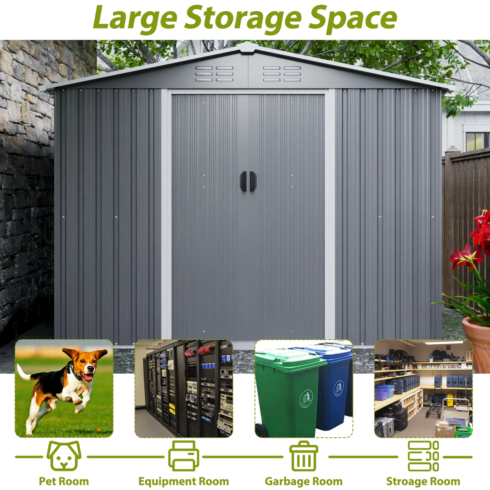 Gray metal garden shed with double doors ideal for outdoor storage