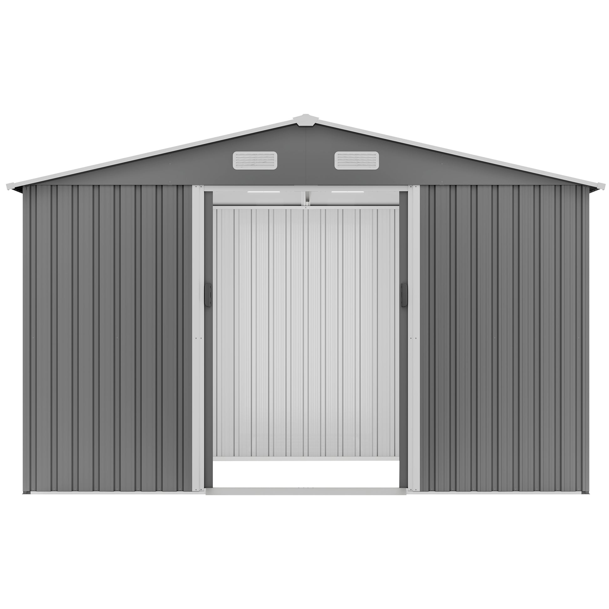 Grey metal garden shed with double doors and ventilation