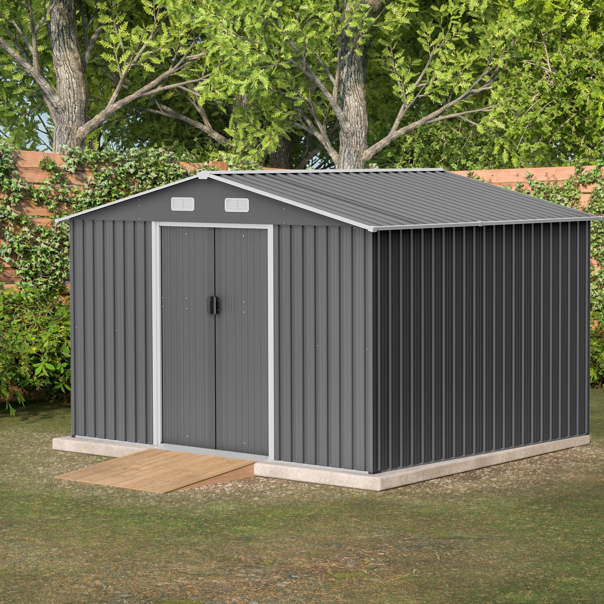Gray metal storage shed with double doors and a wooden ramp