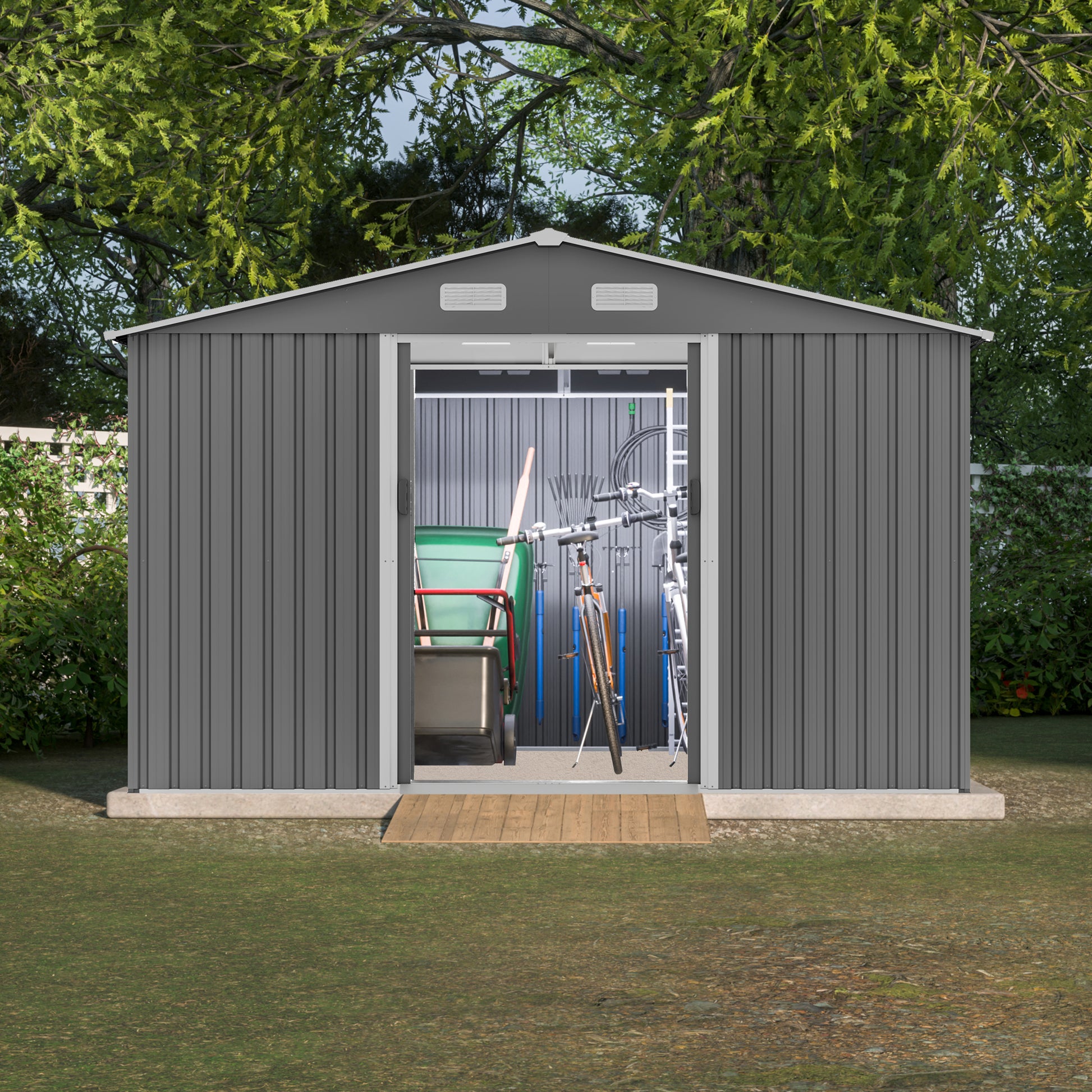 Gray metal garden shed with open doors showing storage inside
