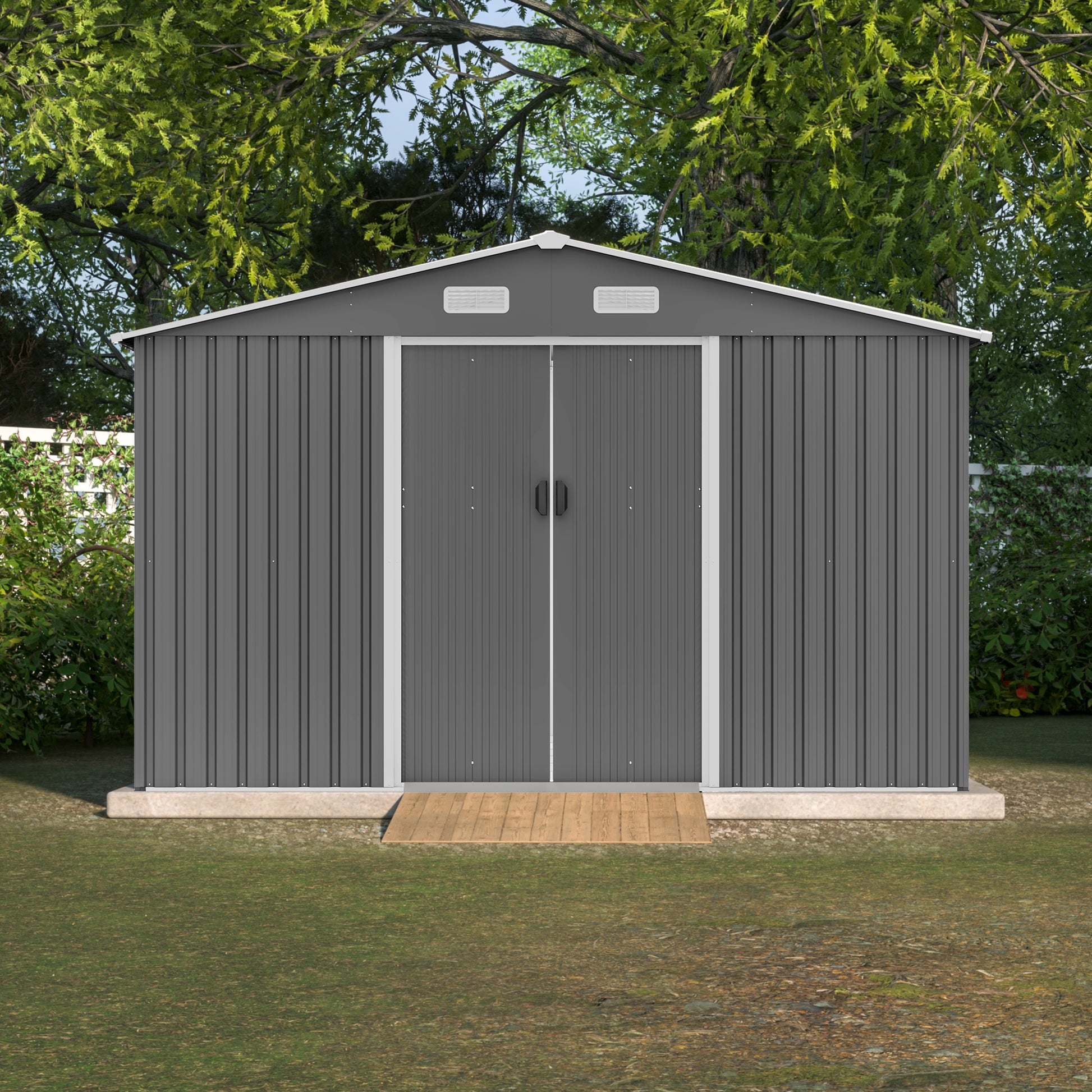 Large grey metal garden shed with double doors and a wooden ramp offering ample storage