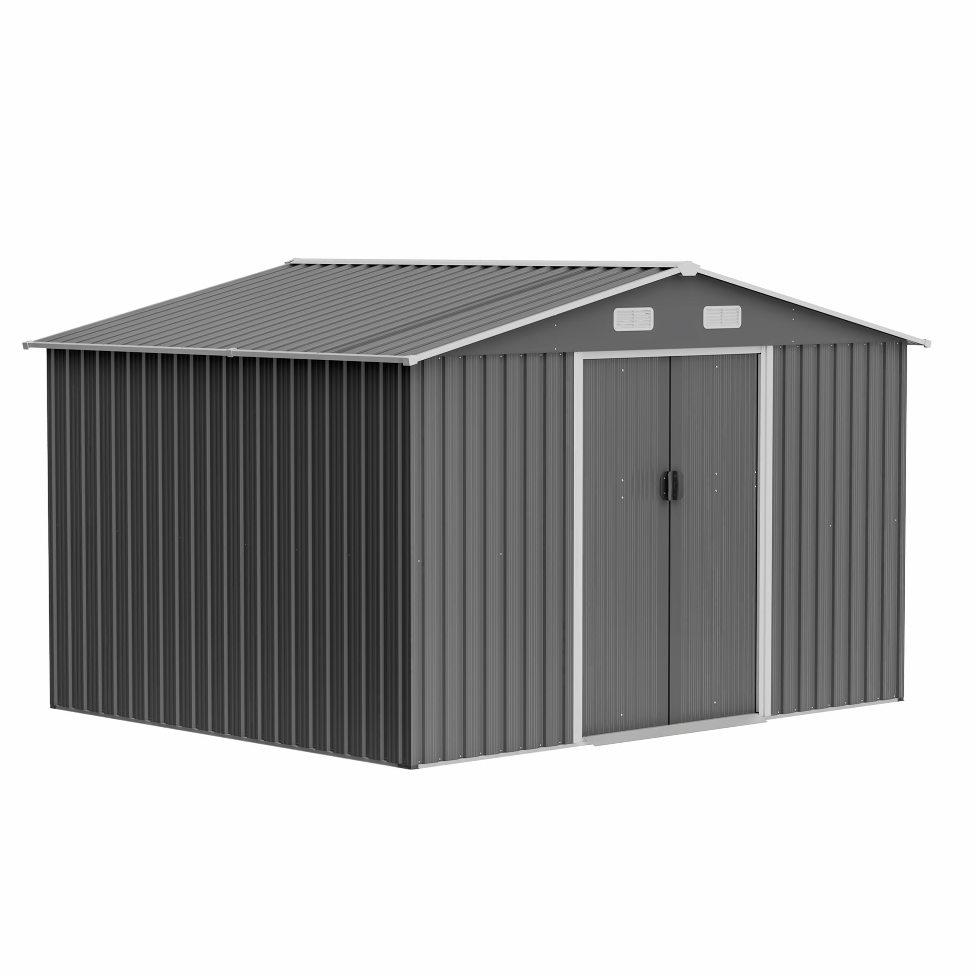 Durable grey metal garden shed with double doors and gable roof for outdoor storage