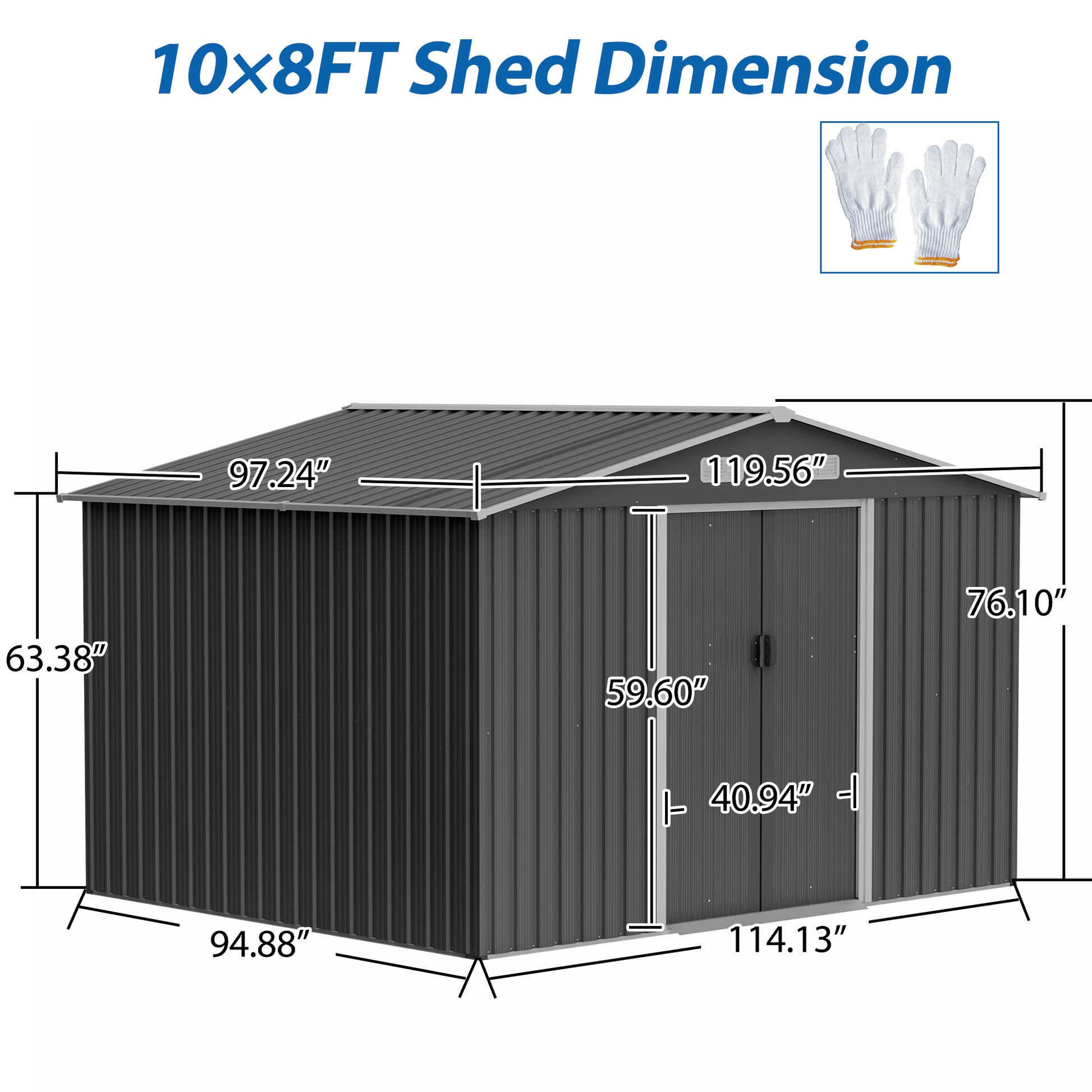 Dark gray xft metal storage shed with double doors and detailed dimensions