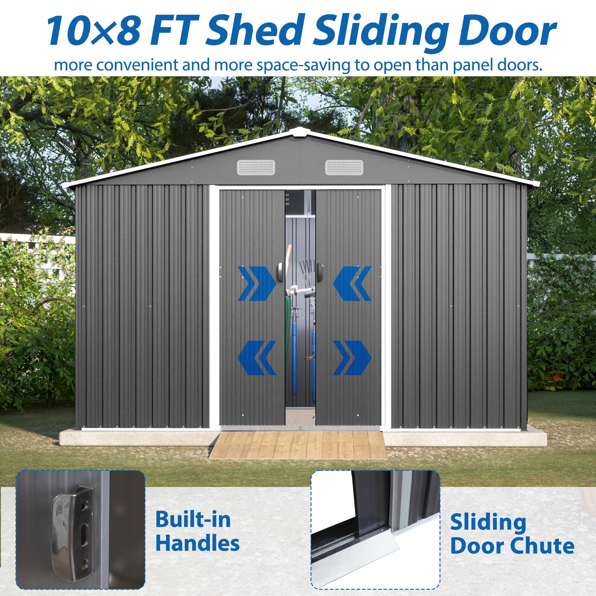 Gray metal shed with double sliding doors featuring blue arrow decals and builtin handles