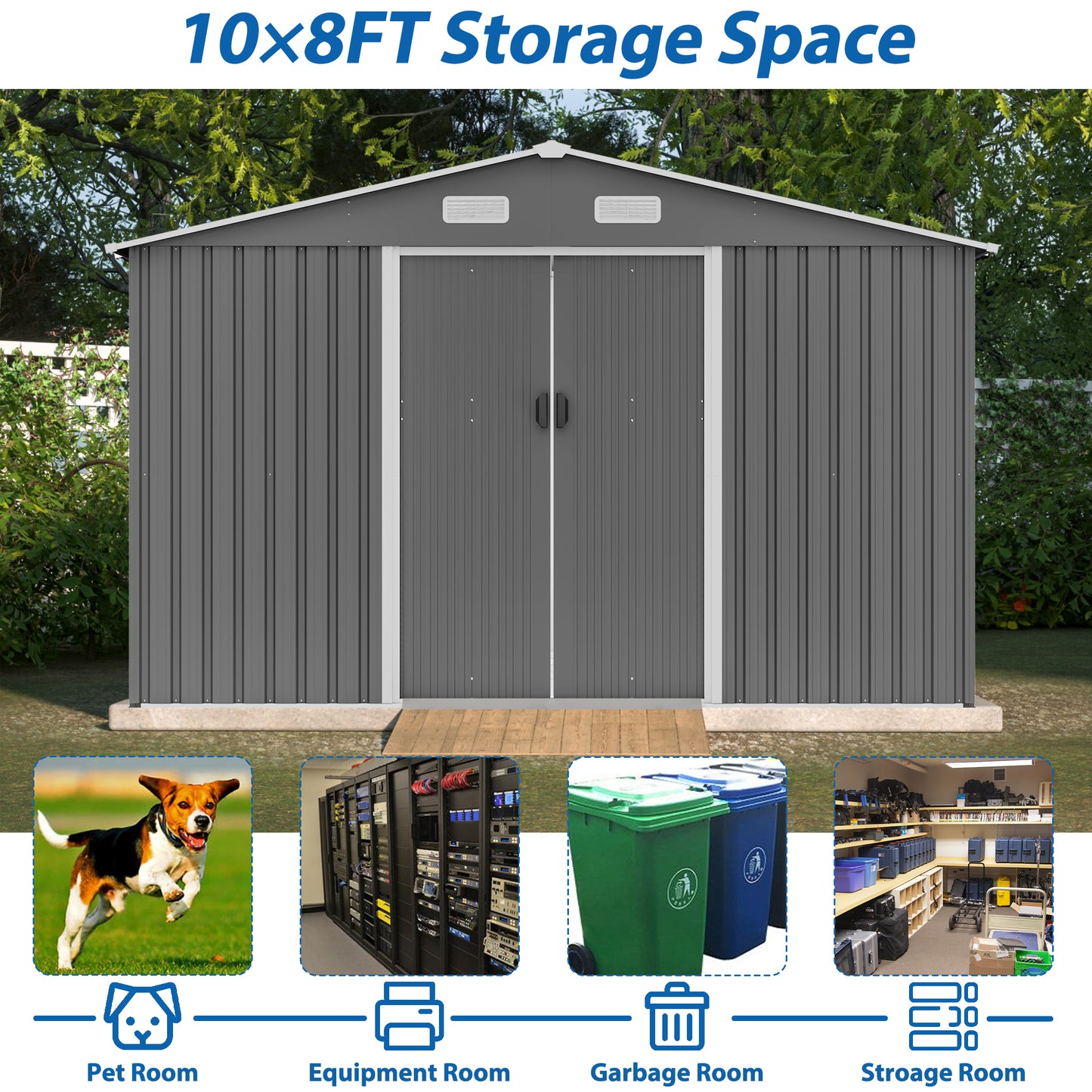 Gray metal xFT storage shed with double doors and ramp