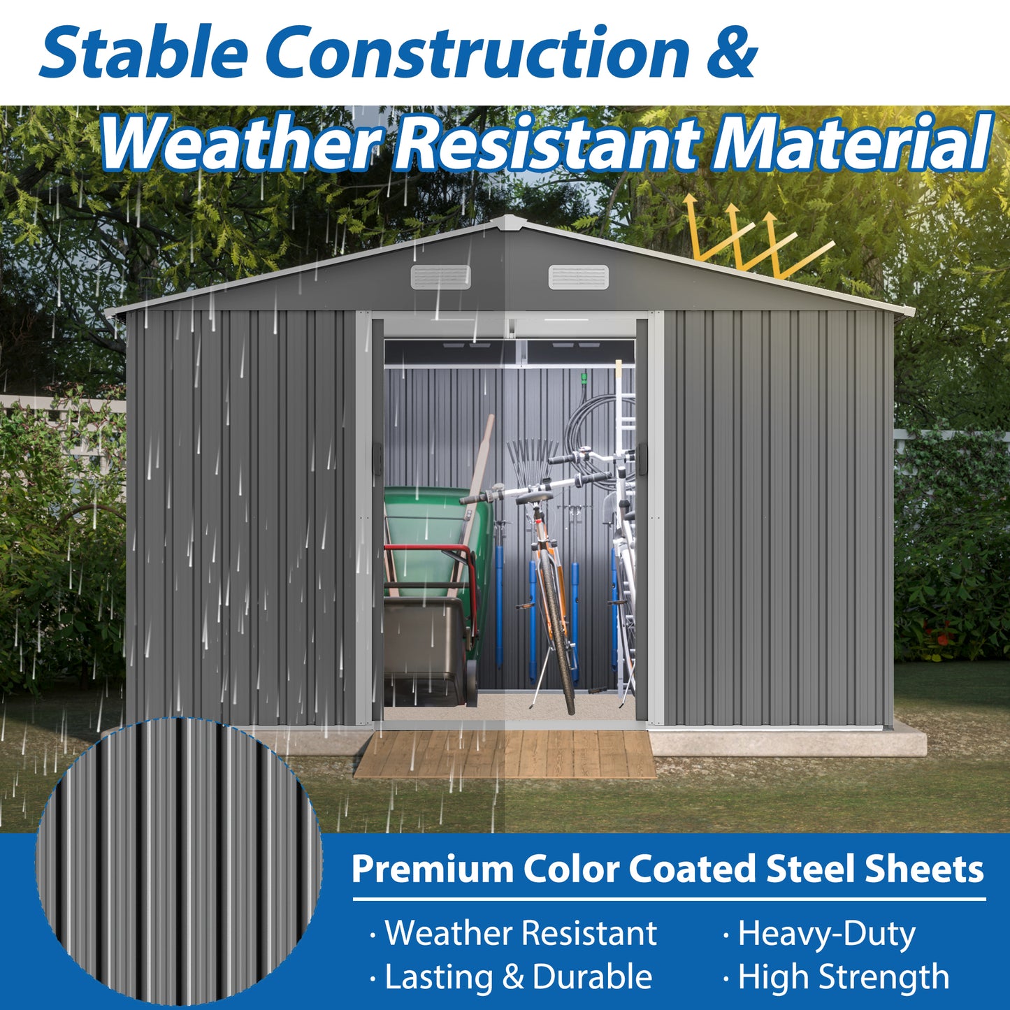 Grey metal garden shed with double doors open storing bikes and wheelbarrow