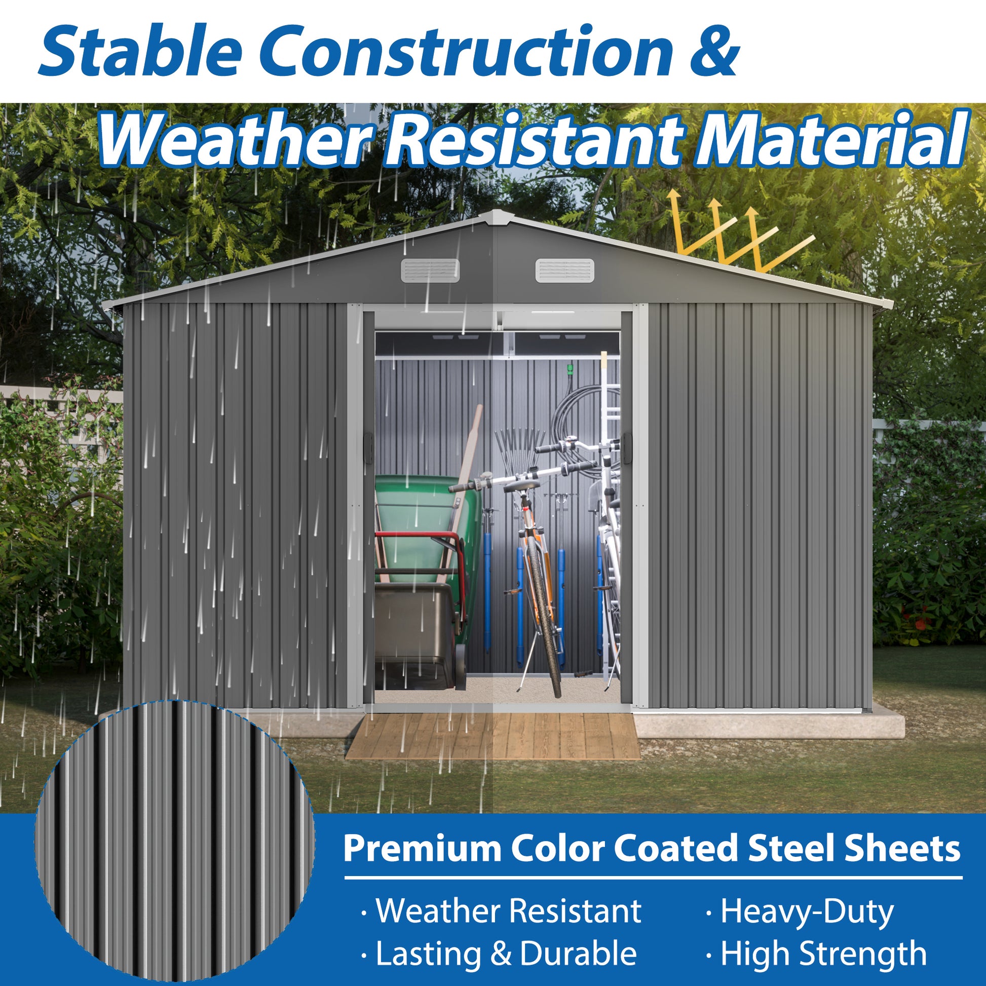 Grey metal garden shed with double doors open storing bikes and wheelbarrow