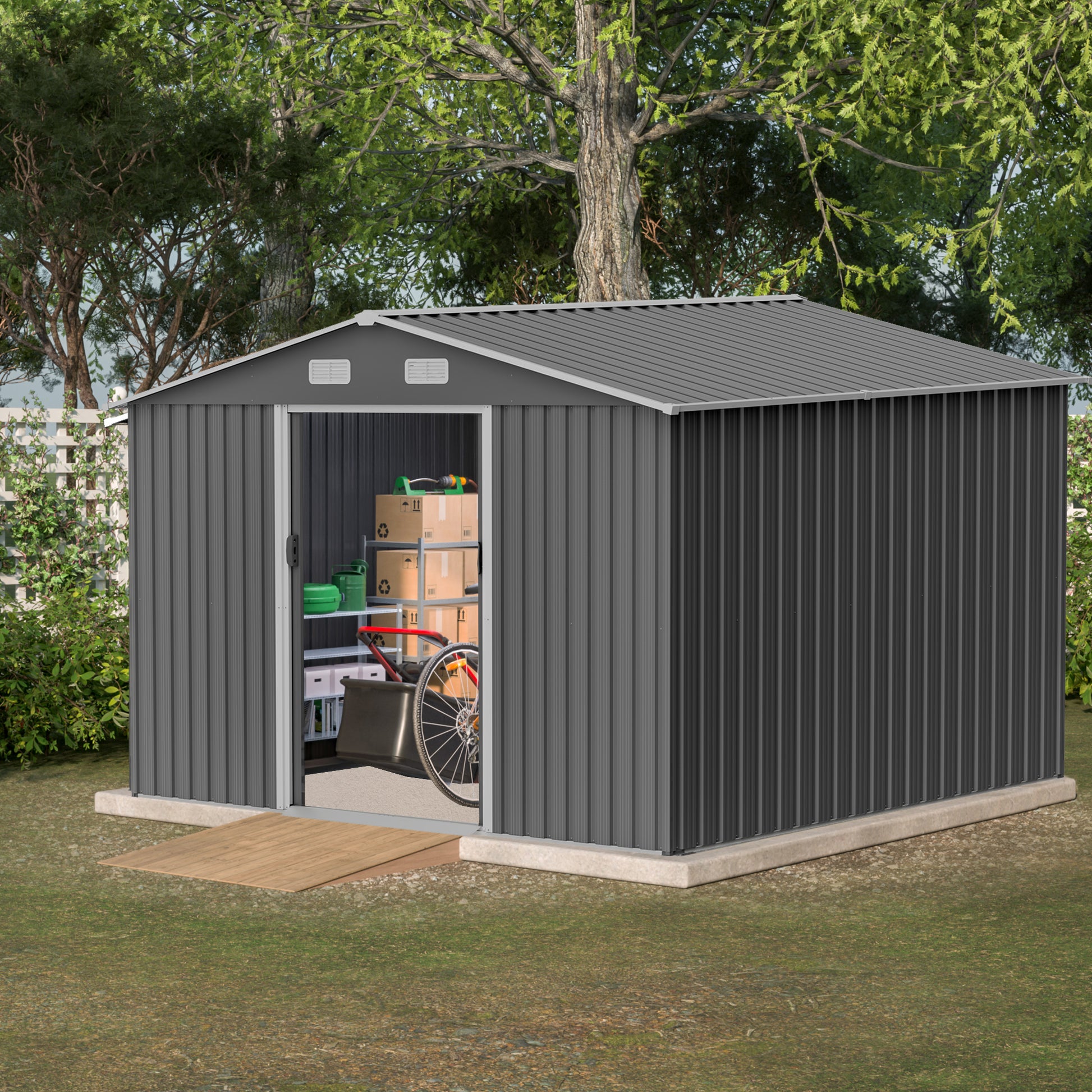 Dark grey corrugated metal garden shed with double doors wooden ramp and storage inside