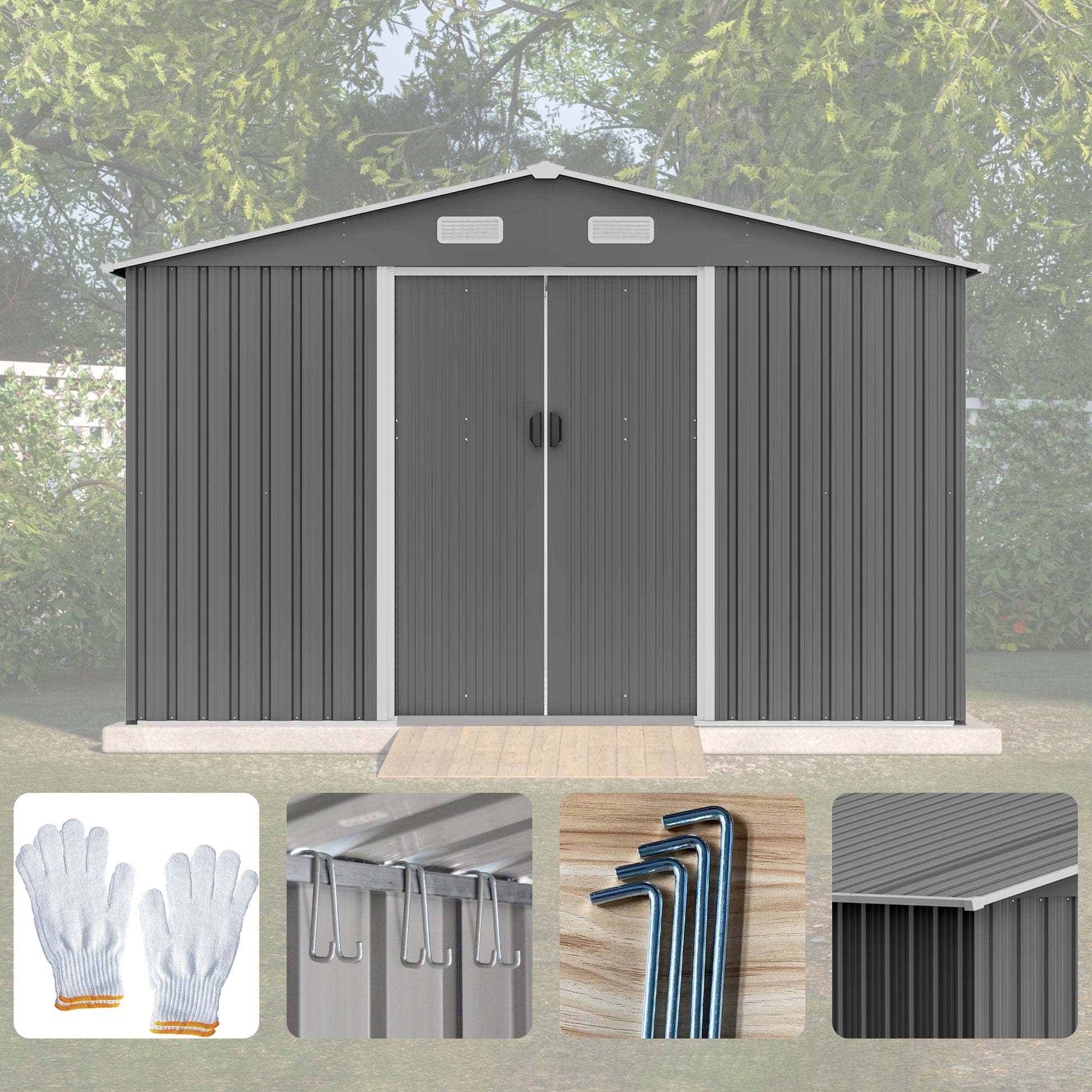 Charcoal gray metal storage shed with double doors ideal for outdoor organization