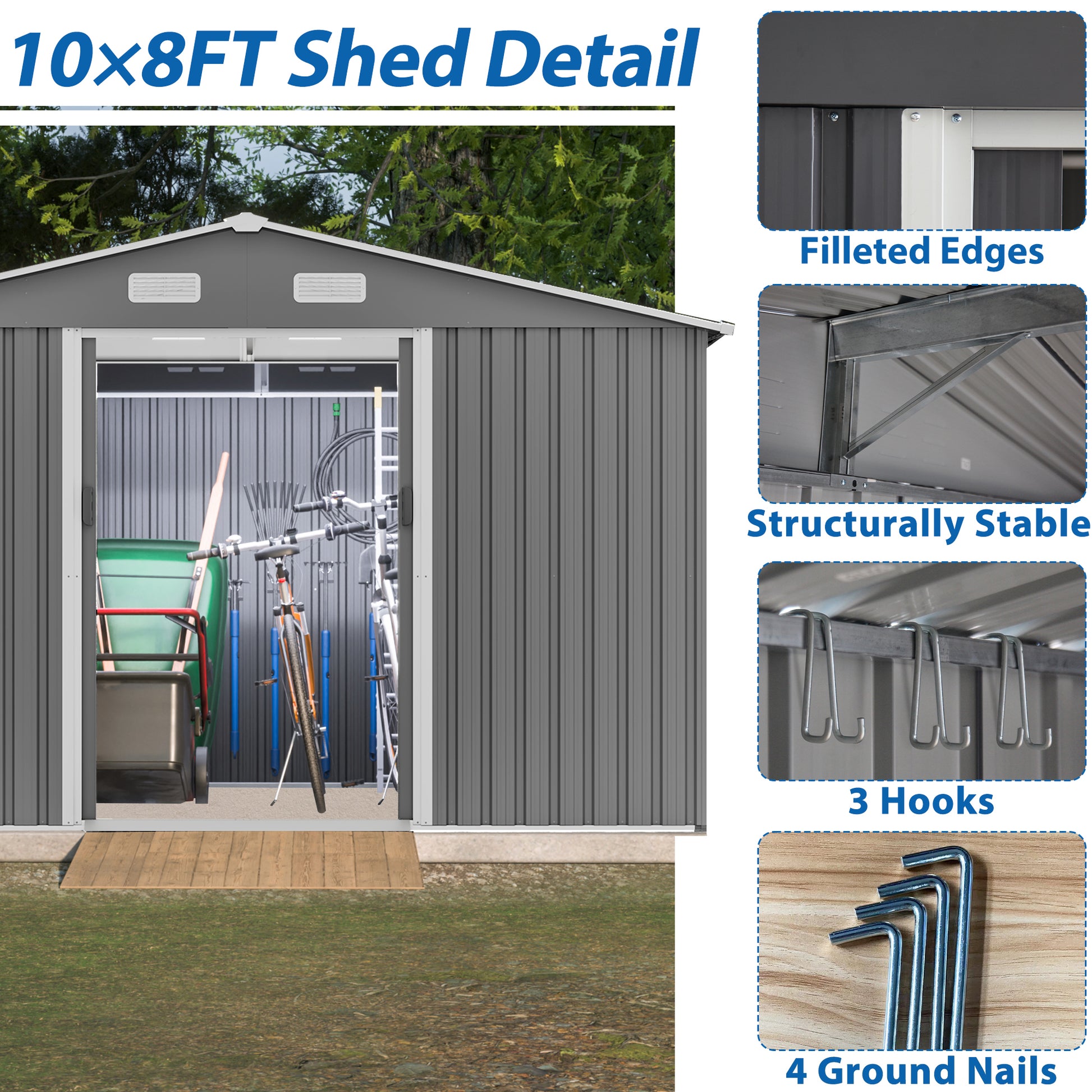 Grey metal shed with open doors revealing organized garden tools and bicycles