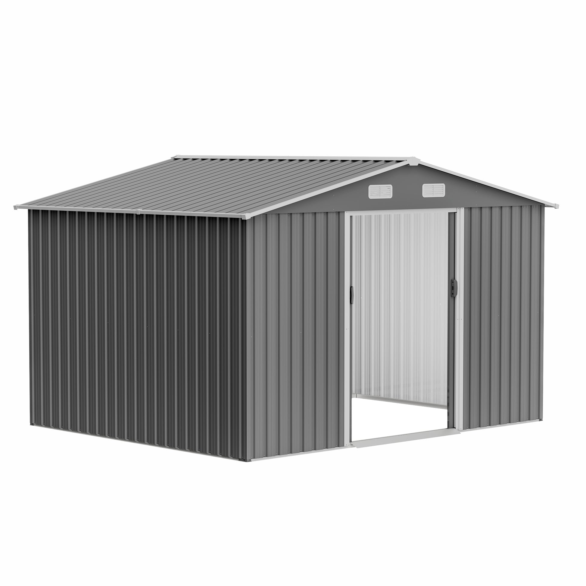 Grey corrugated metal garden shed with double doors and vents